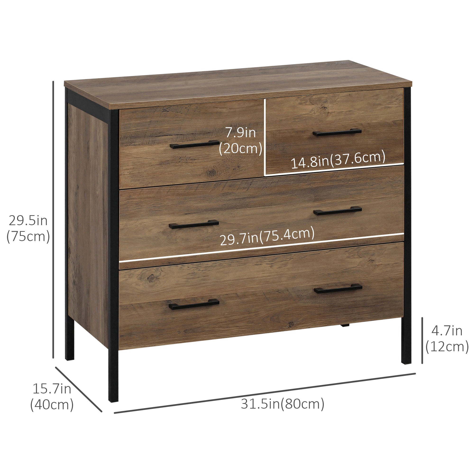 HOMCOM 4 Drawer Dresser, Chest of Drawers with Metal Frame and Handles for Bedroom, Brown