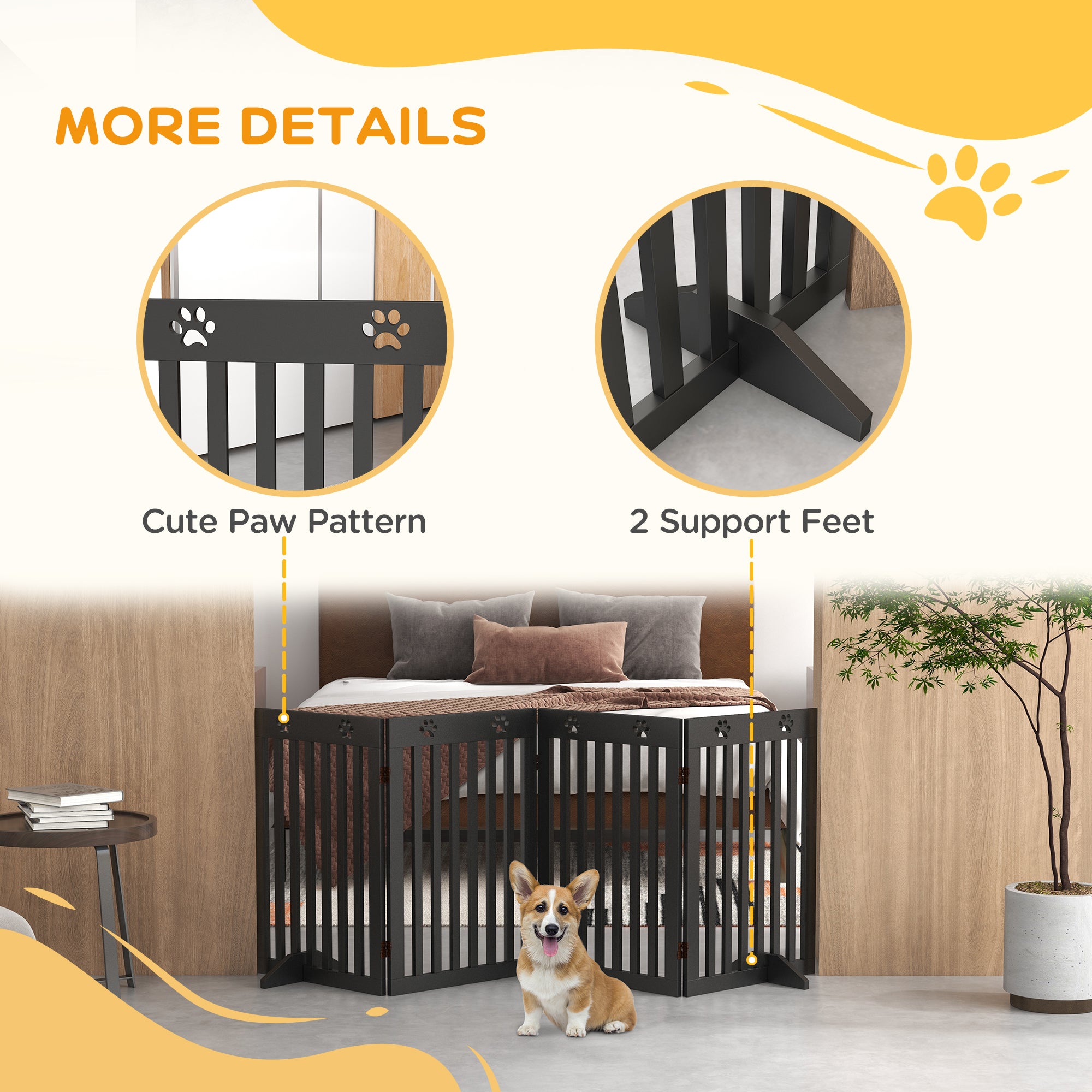 PawHut Freestanding Pet Gate 4 Panel Dog Barrier Folding Safety Fence with Support Feet up to 80.25" Long 29.5" Tall for Doorway Stairs Black