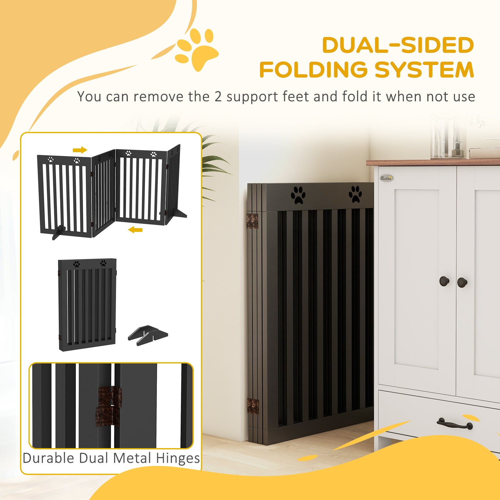 PawHut Freestanding Pet Gate 4 Panel Dog Barrier Folding Safety Fence with Support Feet up to 80.25" Long 29.5" Tall for Doorway Stairs Black