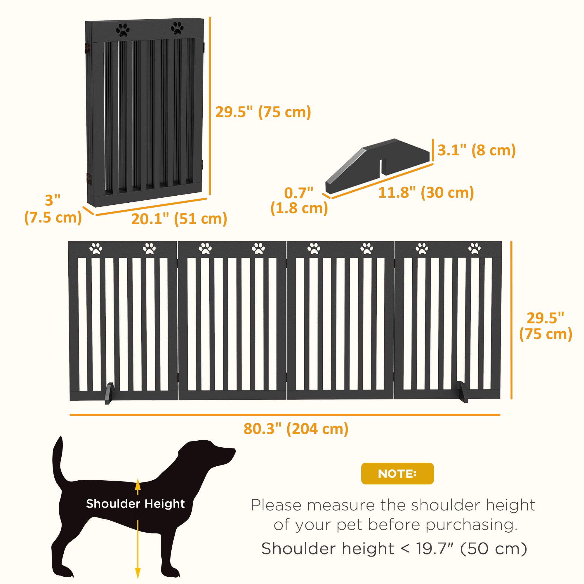 PawHut Freestanding Pet Gate 4 Panel Dog Barrier Folding Safety Fence with Support Feet up to 80.25" Long 29.5" Tall for Doorway Stairs Black