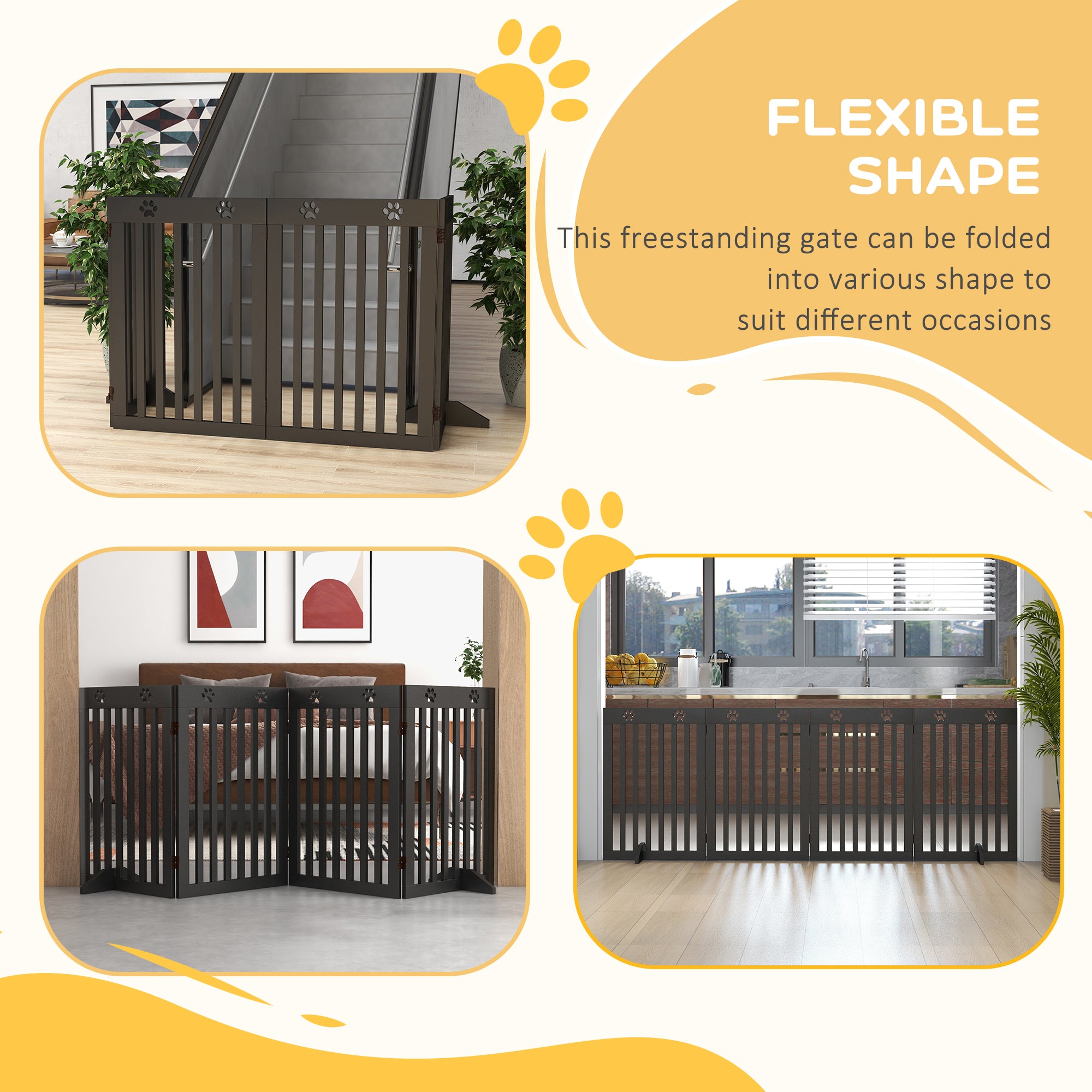 PawHut Freestanding Pet Gate 4 Panel Dog Barrier Folding Safety Fence with Support Feet up to 80.25" Long 29.5" Tall for Doorway Stairs Black