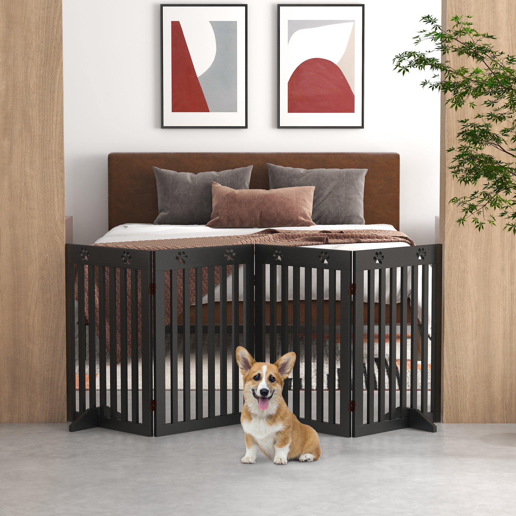 PawHut Freestanding Pet Gate 4 Panel Dog Barrier Folding Safety Fence with Support Feet up to 80.25" Long 29.5" Tall for Doorway Stairs Black