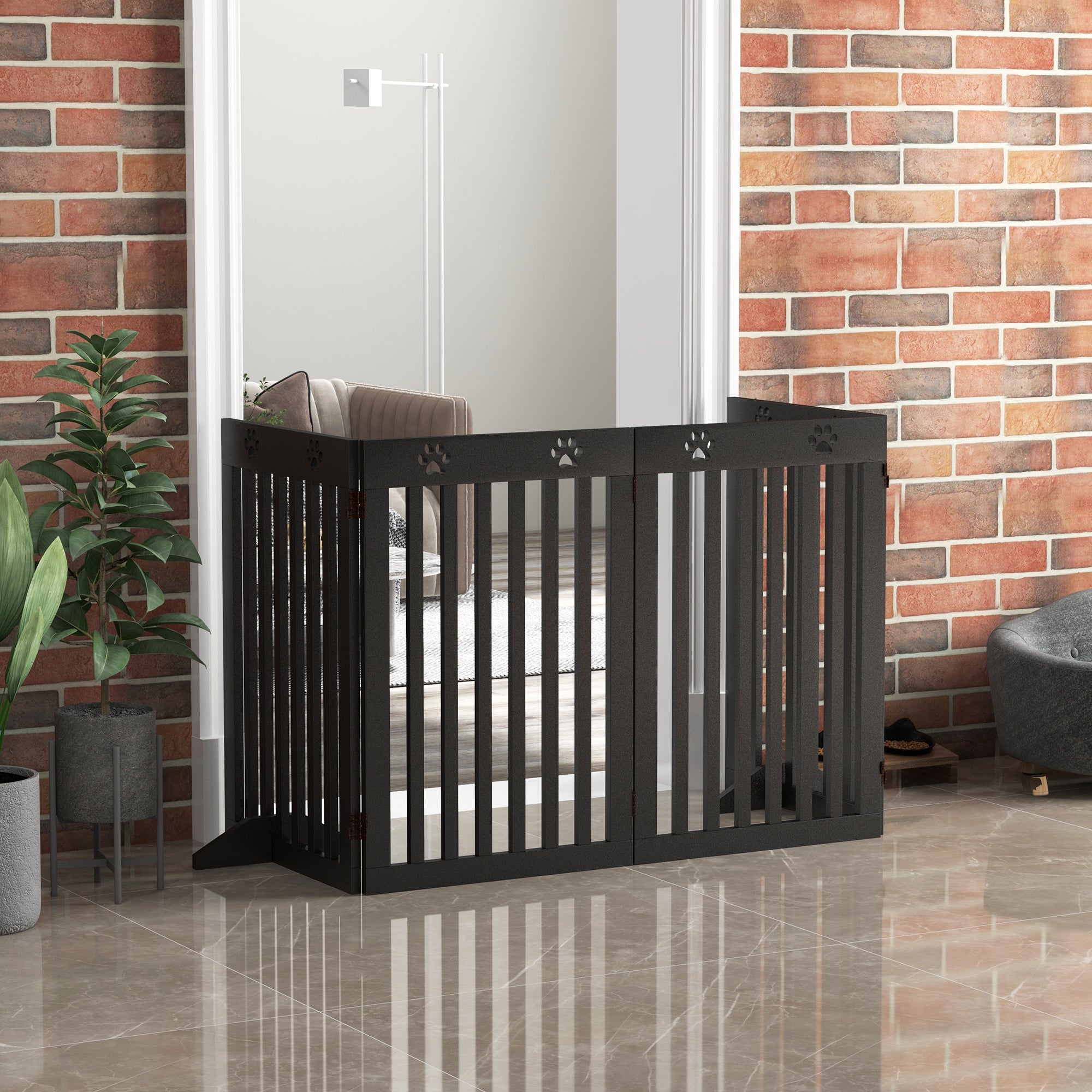 PawHut Freestanding Pet Gate 4 Panel Dog Barrier Folding Safety Fence with Support Feet up to 80.25" Long 29.5" Tall for Doorway Stairs Black