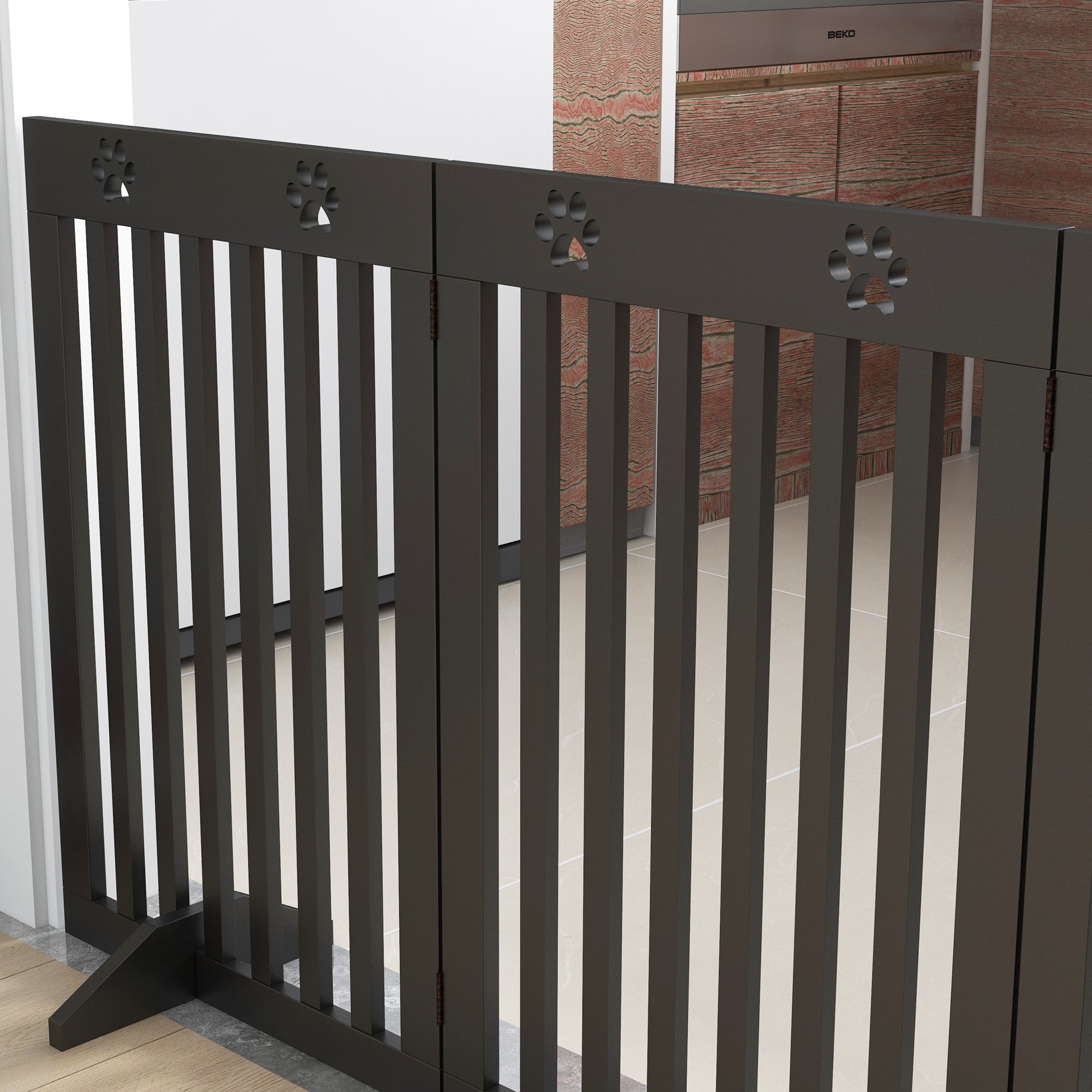 PawHut Freestanding Pet Gate 4 Panel Dog Barrier Folding Safety Fence with Support Feet up to 80.25" Long 29.5" Tall for Doorway Stairs Black