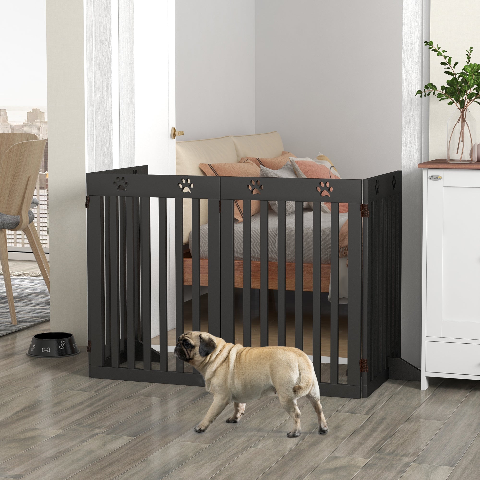 PawHut Freestanding Pet Gate 4 Panel Dog Barrier Folding Safety Fence with Support Feet up to 80.25" Long 29.5" Tall for Doorway Stairs Black