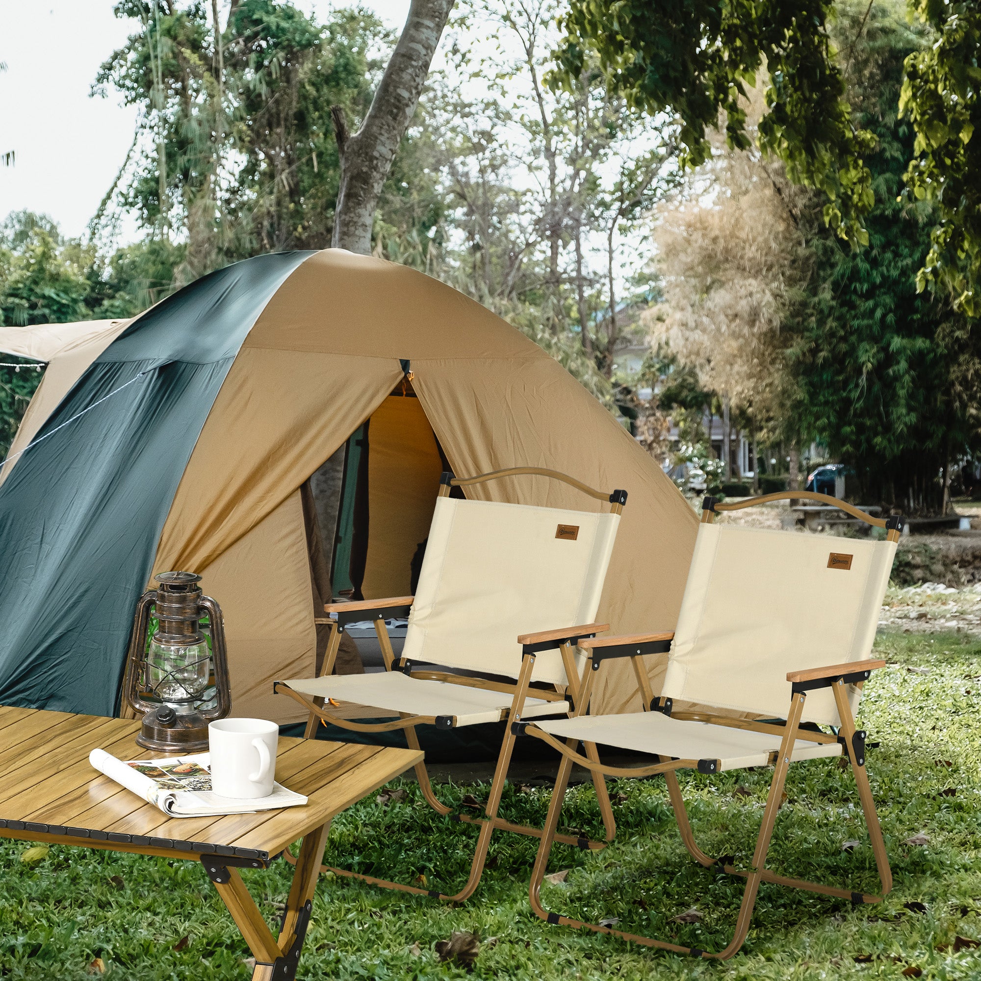 Outsunny Set of 2 Camping Chair, Lightweight Folding Chair, Portable Armchairs, Excellent for Festivals, Fishing, Beach and Hiking, Beige