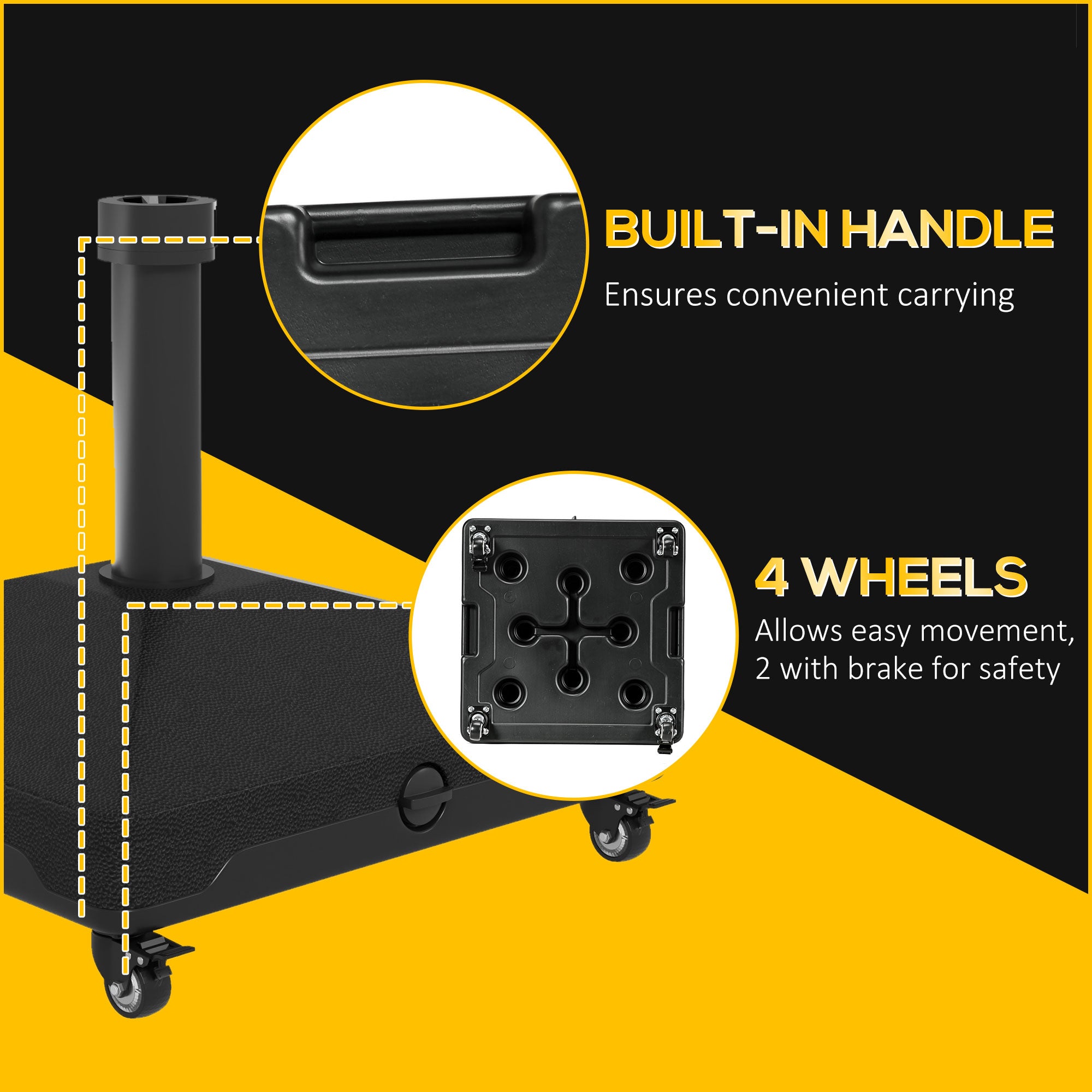 Outsunny 46lbs Patio Umbrella Base Stand with Wheels, Heavy Duty Fillable Umbrella Holder with Steel Pole, Square Parasol Stand for Patio, Outdoor, Backyard, Black