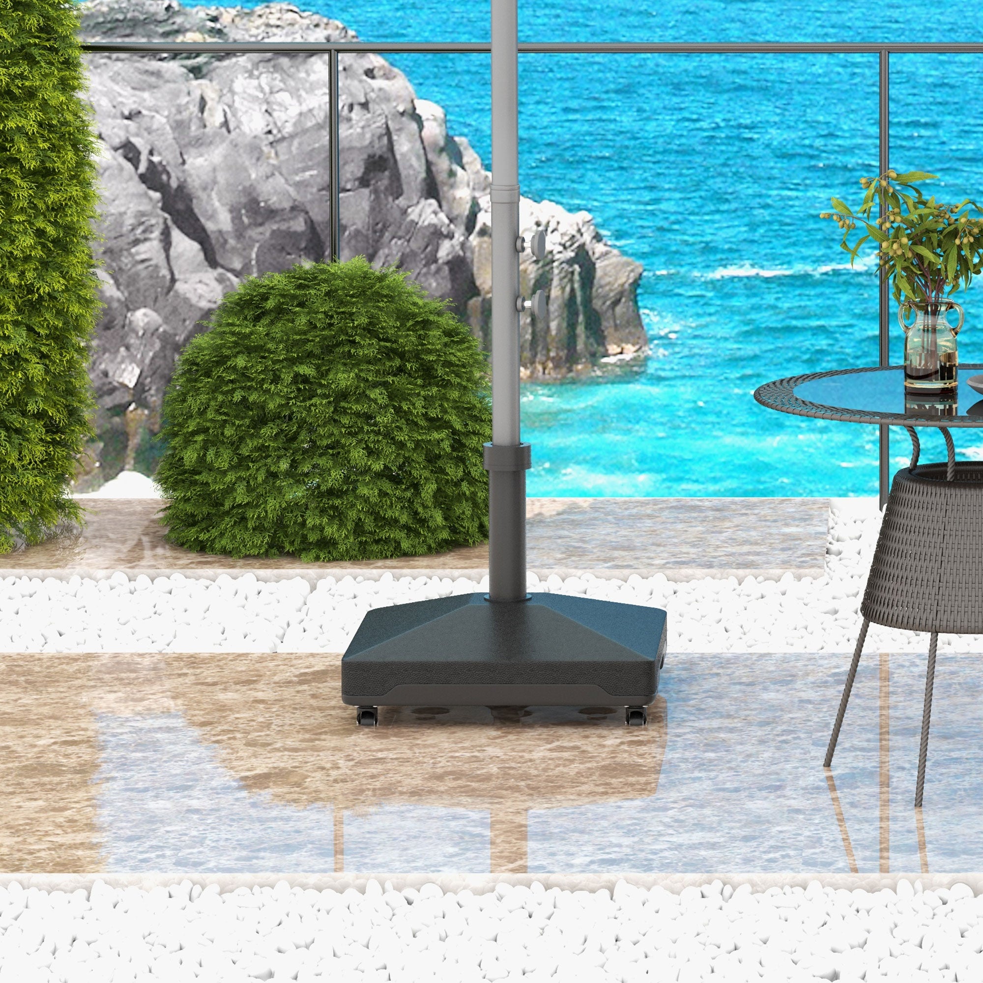 Outsunny 46lbs Patio Umbrella Base Stand with Wheels, Heavy Duty Fillable Umbrella Holder with Steel Pole, Square Parasol Stand for Patio, Outdoor, Backyard, Black