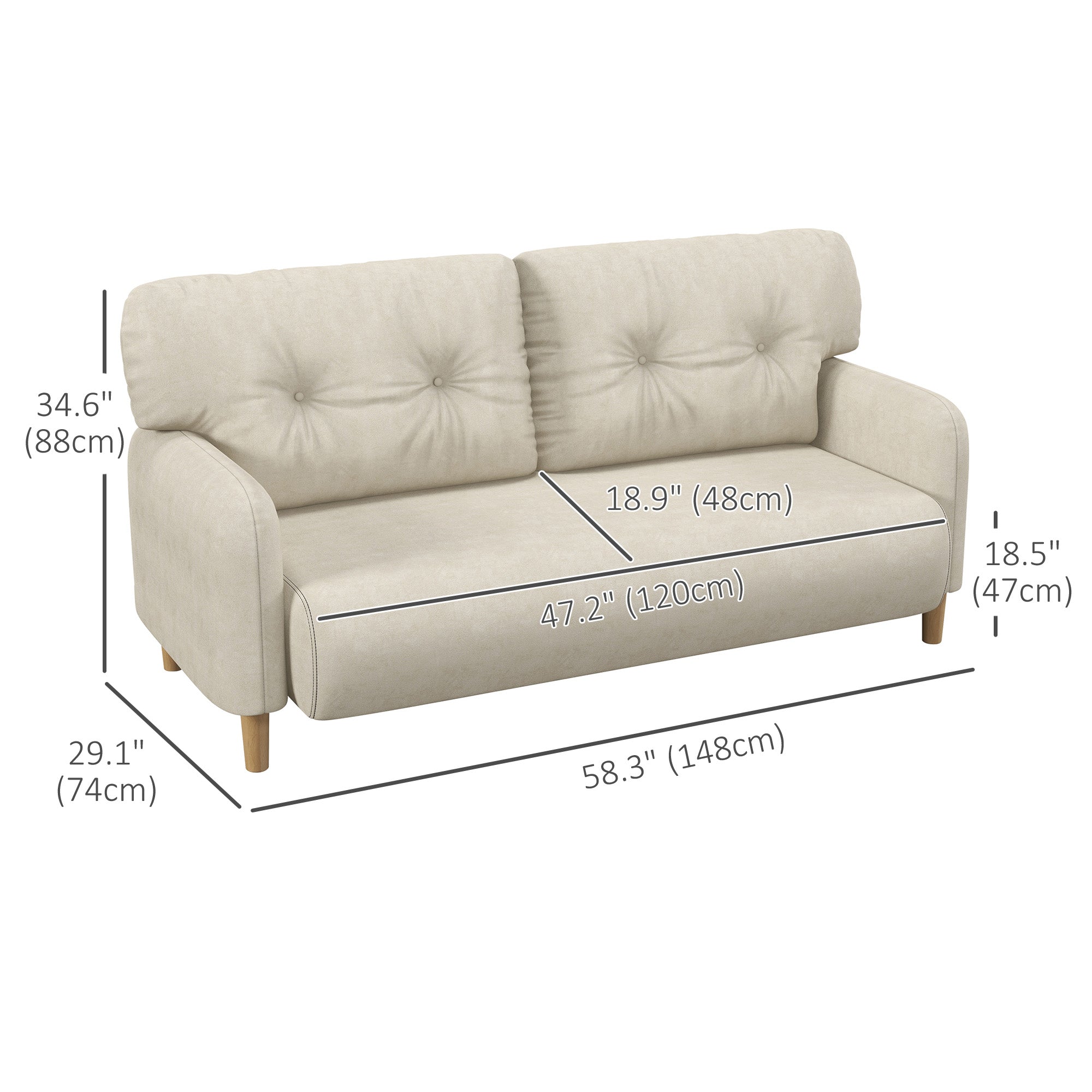 HOMCOM 58" Loveseat Sofa for Bedroom, Modern Love Seats Furniture, Upholstered 2 Seater Couch with 2 Tufted Back Cushion, Steel Frame and Beech Wood Legs for Living Room, Beige