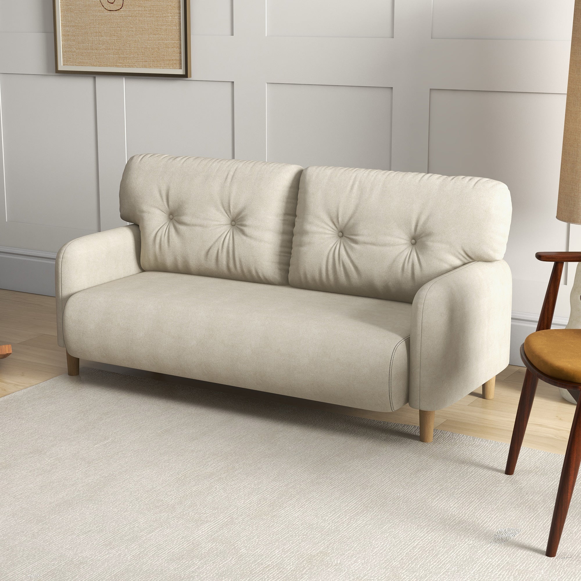HOMCOM 58" Loveseat Sofa for Bedroom, Modern Love Seats Furniture, Upholstered 2 Seater Couch with 2 Tufted Back Cushion, Steel Frame and Beech Wood Legs for Living Room, Beige