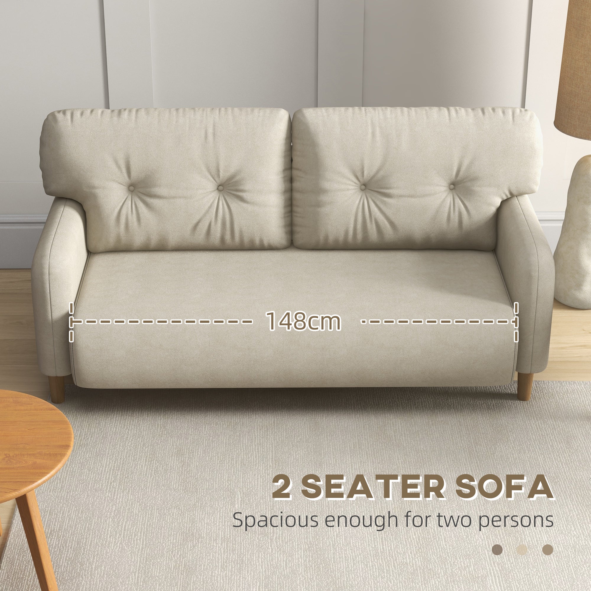 HOMCOM 58" Loveseat Sofa for Bedroom, Modern Love Seats Furniture, Upholstered 2 Seater Couch with 2 Tufted Back Cushion, Steel Frame and Beech Wood Legs for Living Room, Beige
