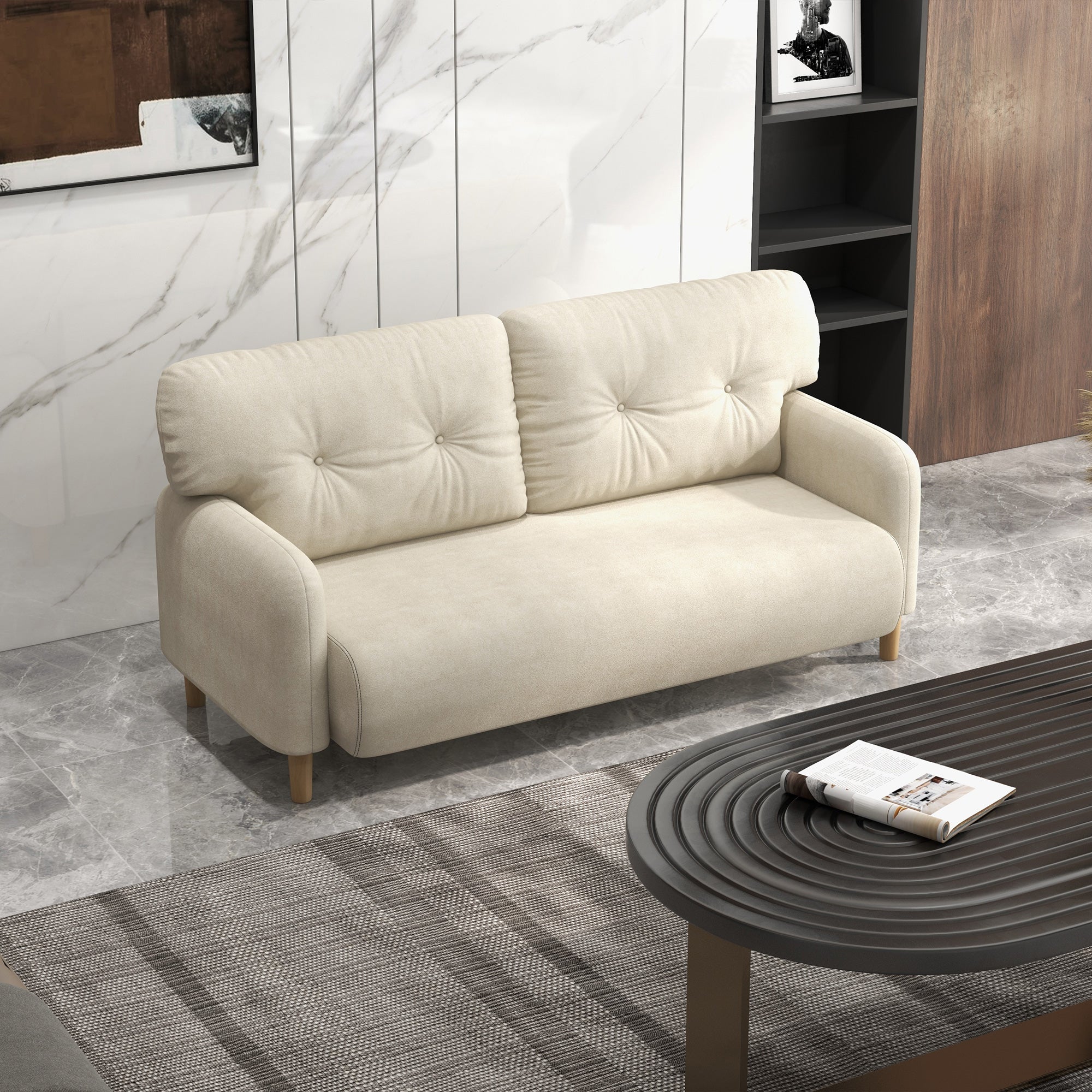 HOMCOM 58" Loveseat Sofa for Bedroom, Modern Love Seats Furniture, Upholstered 2 Seater Couch with 2 Tufted Back Cushion, Steel Frame and Beech Wood Legs for Living Room, Beige