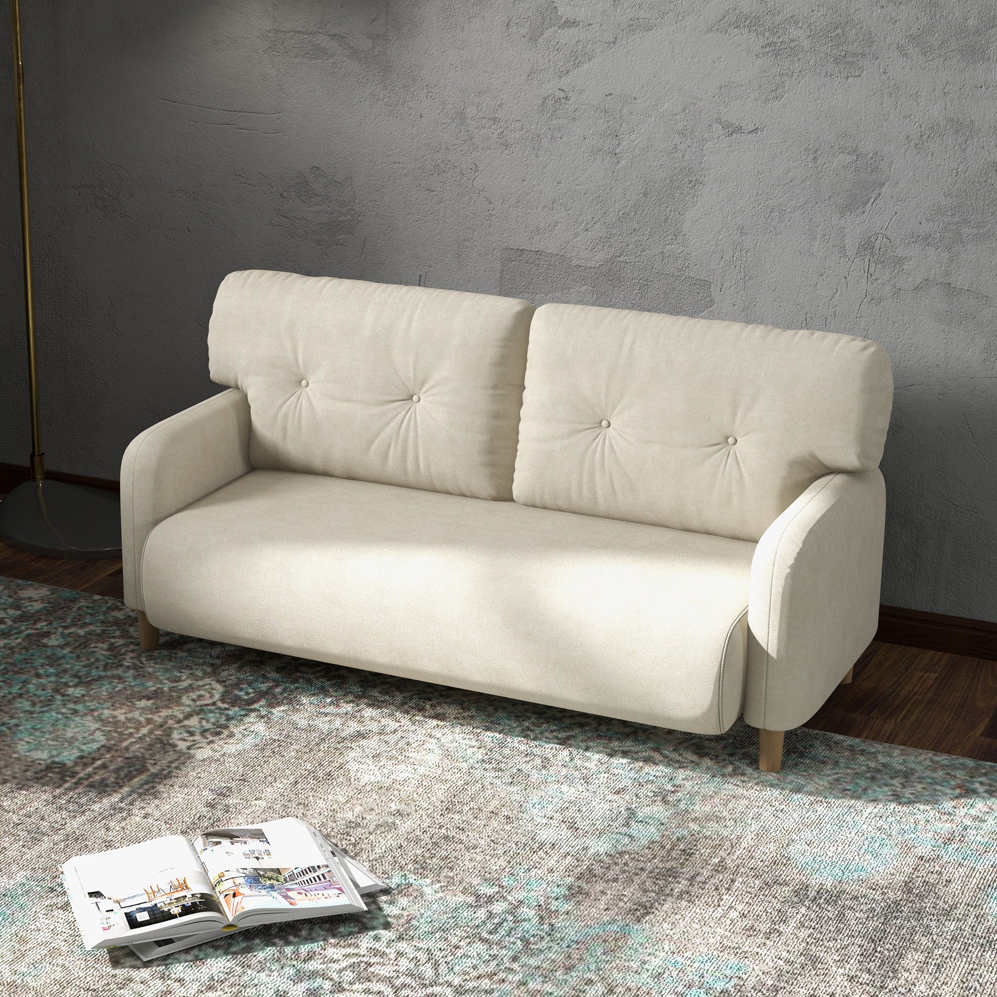 HOMCOM 58" Loveseat Sofa for Bedroom, Modern Love Seats Furniture, Upholstered 2 Seater Couch with 2 Tufted Back Cushion, Steel Frame and Beech Wood Legs for Living Room, Beige