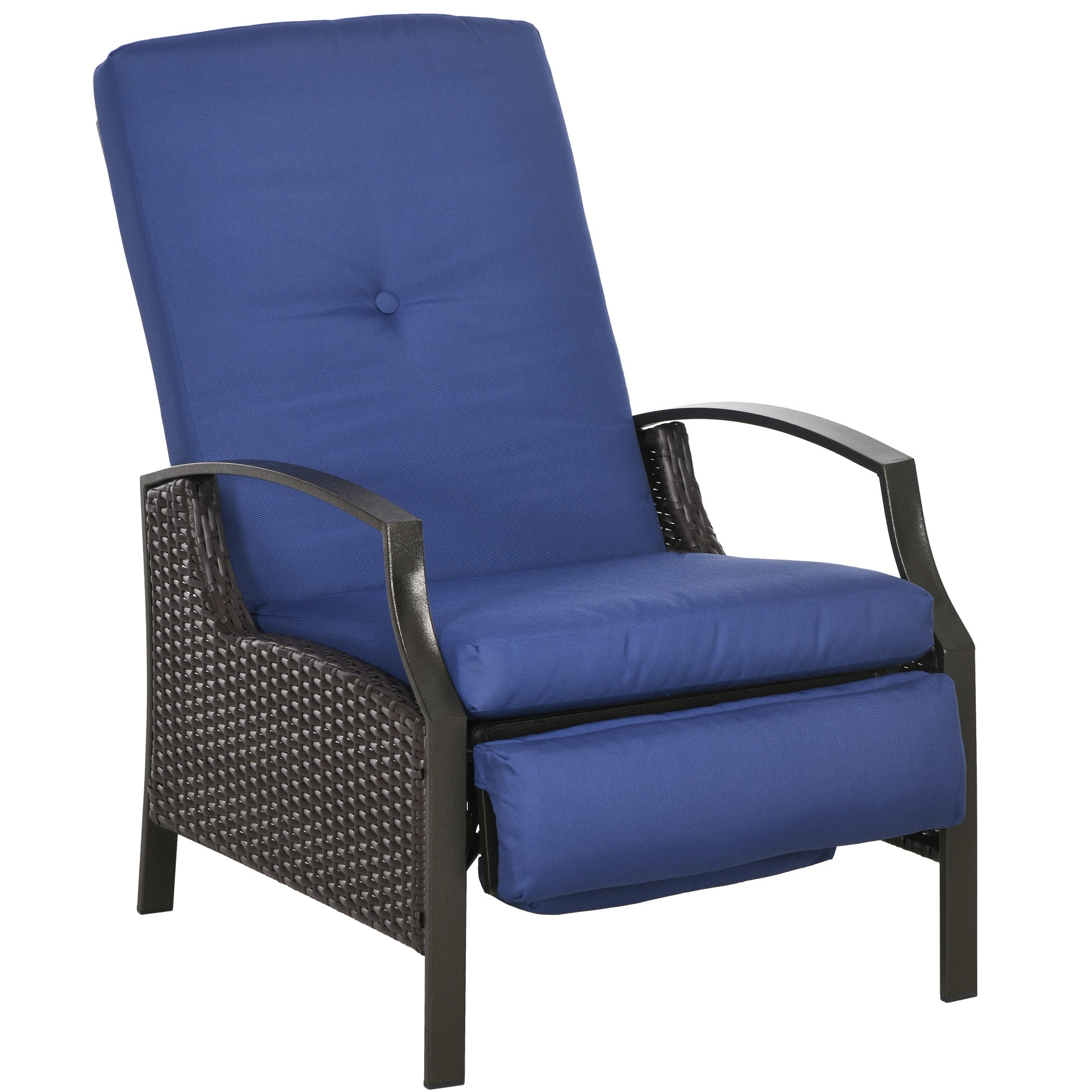 Outsunny Outdoor Recliner Chair, Reclining Patio Lounge Chair with Comfy Cushions, Footrest, Armrests, PE Wicker for Balcony, Porch, Dark Blue
