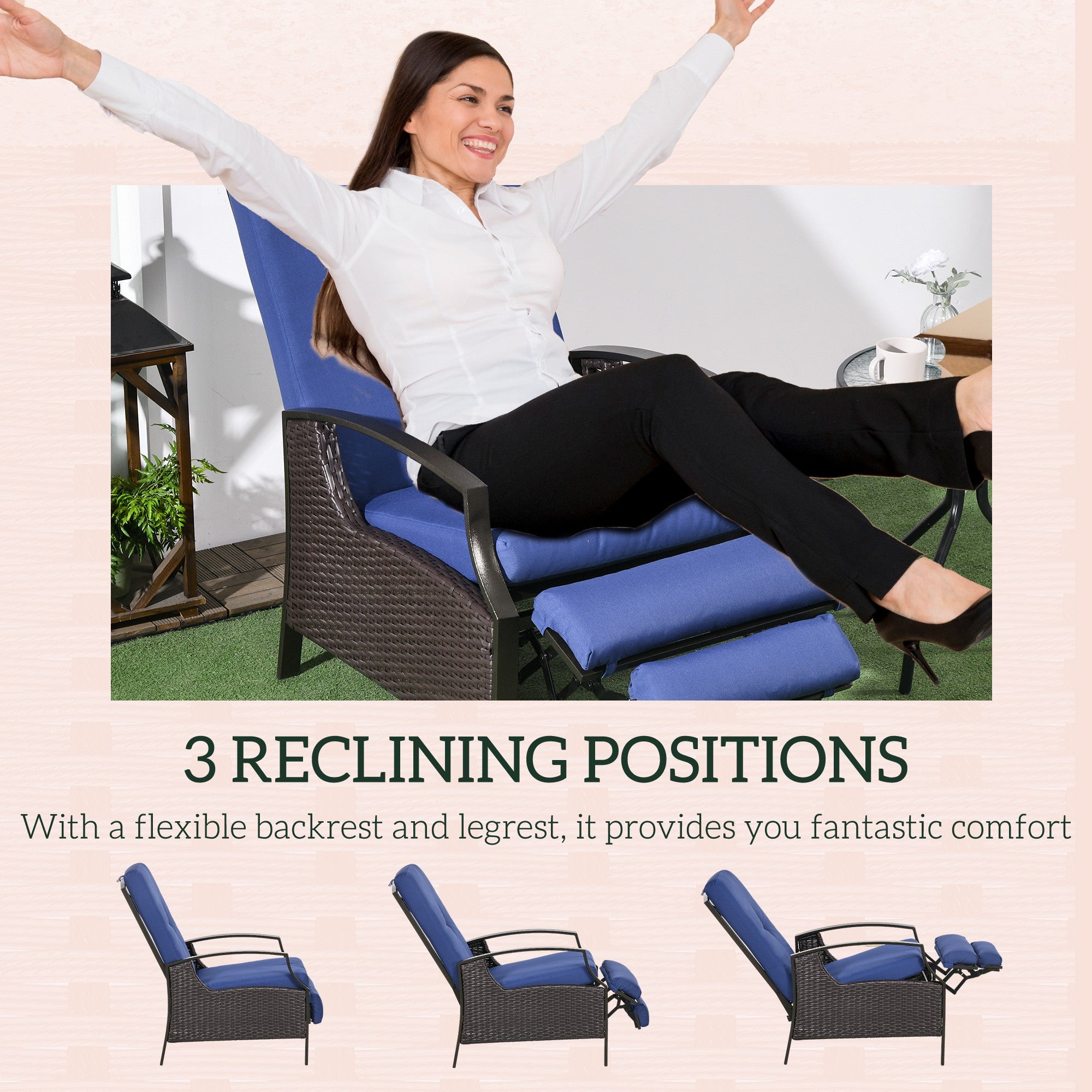 Outsunny Outdoor Recliner Chair, Reclining Patio Lounge Chair with Comfy Cushions, Footrest, Armrests, PE Wicker for Balcony, Porch, Dark Blue