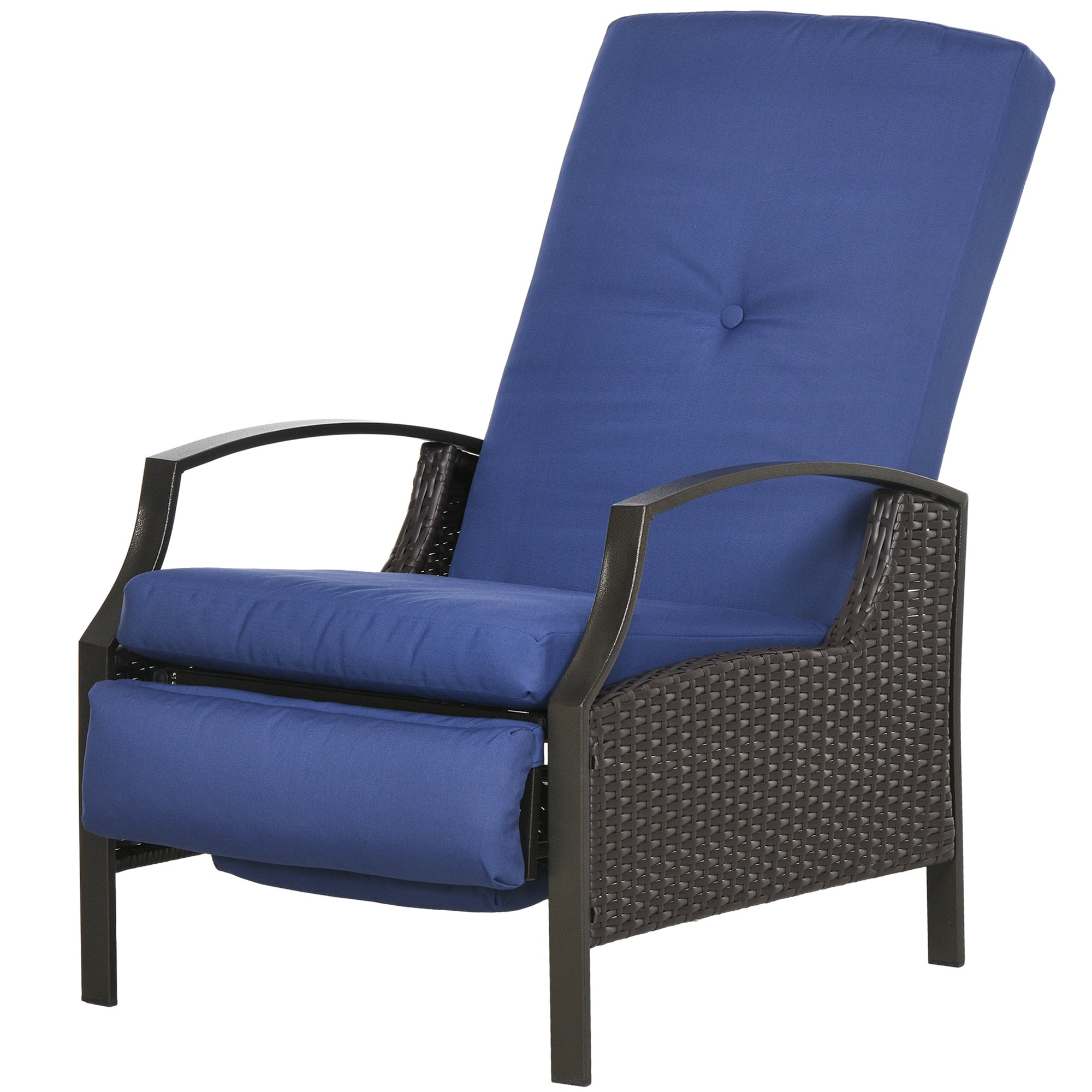 Outsunny Outdoor Recliner Chair, Reclining Patio Lounge Chair with Comfy Cushions, Footrest, Armrests, PE Wicker for Balcony, Porch, Dark Blue