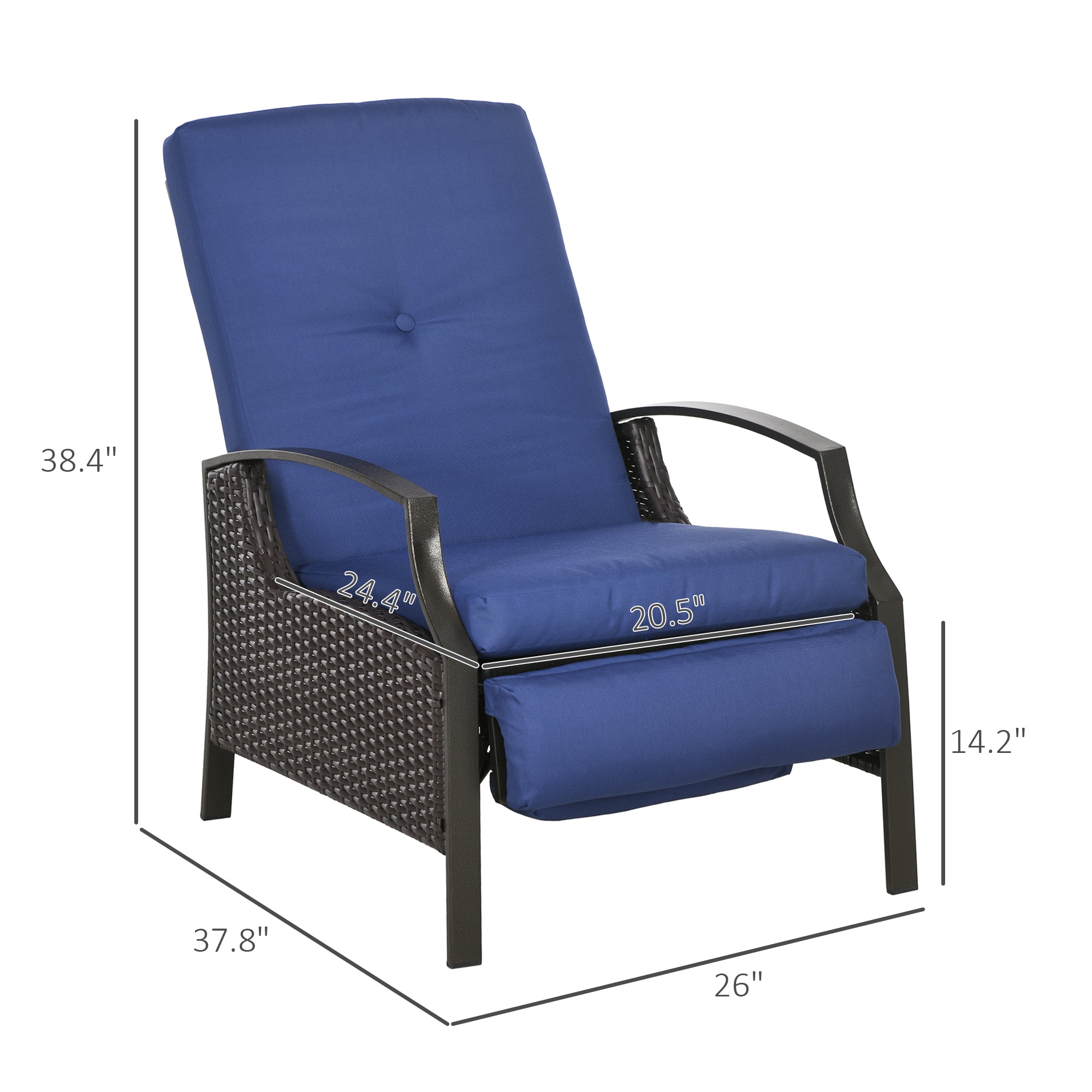 Outsunny Outdoor Recliner Chair, Reclining Patio Lounge Chair with Comfy Cushions, Footrest, Armrests, PE Wicker for Balcony, Porch, Dark Blue