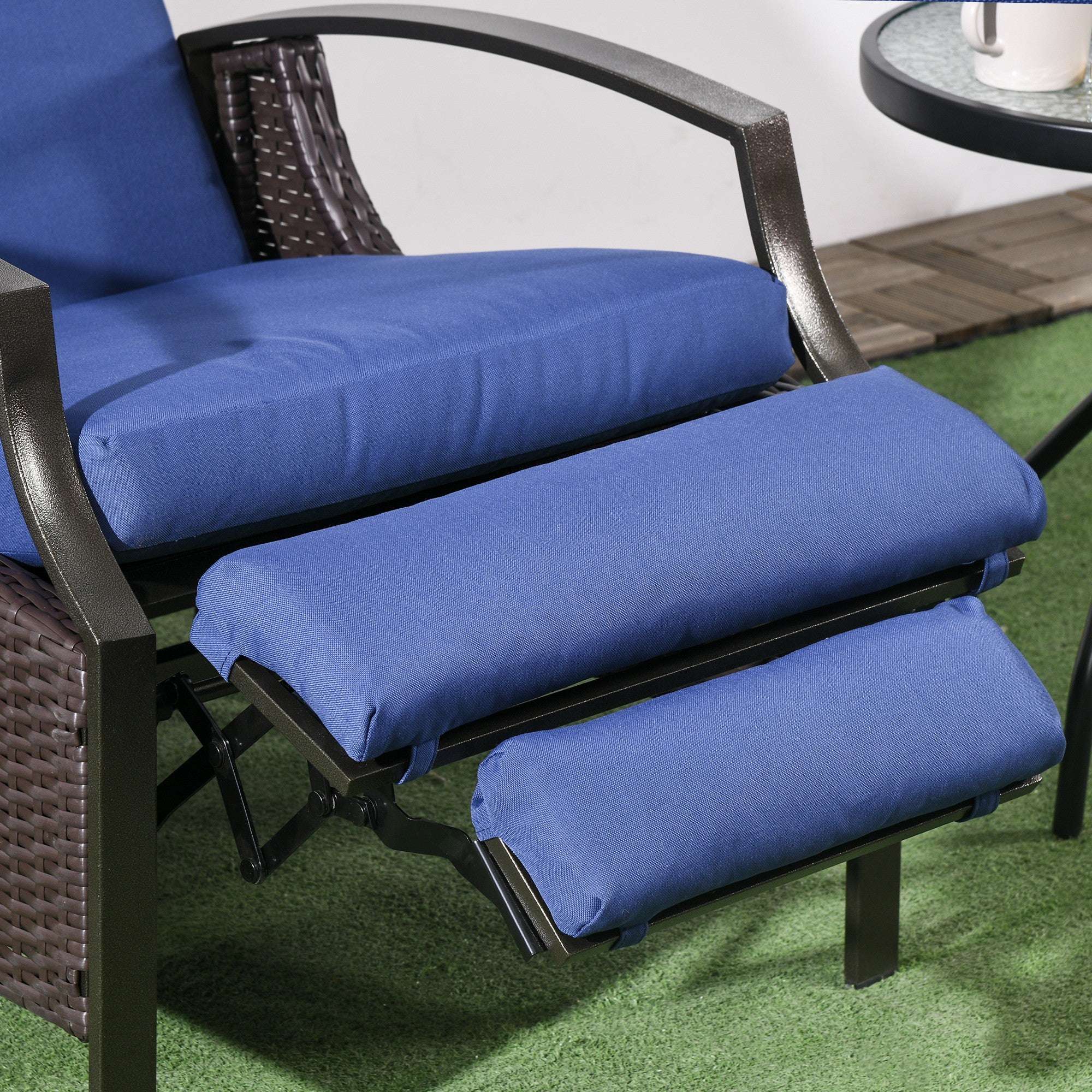 Outsunny Outdoor Recliner Chair, Reclining Patio Lounge Chair with Comfy Cushions, Footrest, Armrests, PE Wicker for Balcony, Porch, Dark Blue