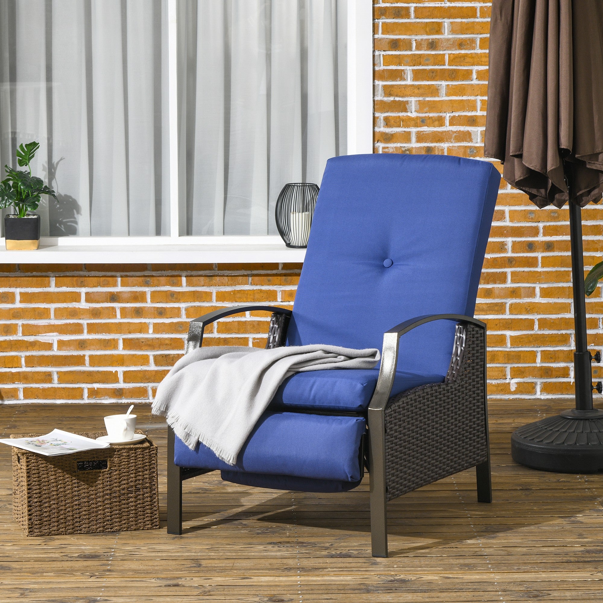 Outsunny Outdoor Recliner Chair, Reclining Patio Lounge Chair with Comfy Cushions, Footrest, Armrests, PE Wicker for Balcony, Porch, Dark Blue