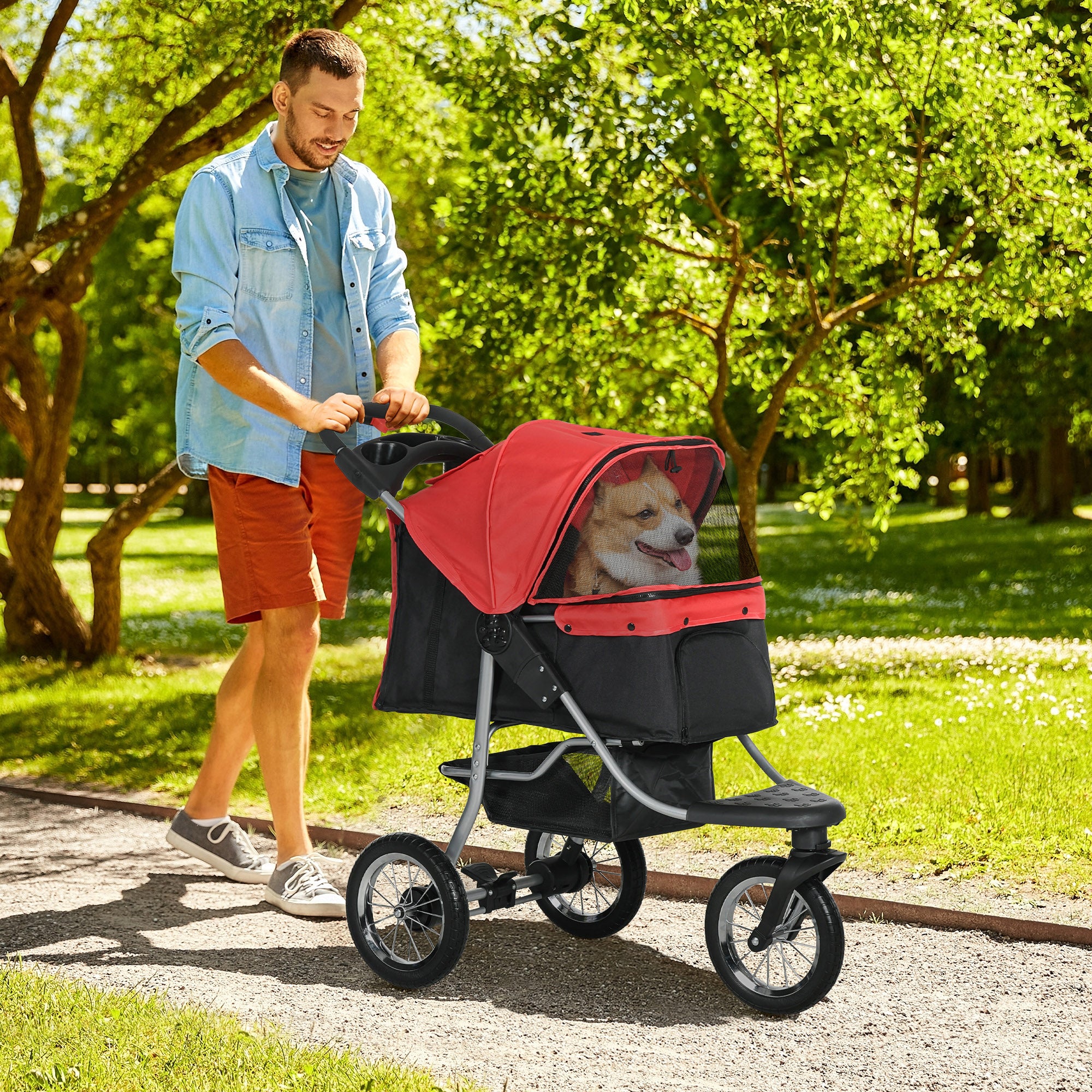 PawHut Luxury One-click Folding Pet Stroller Dog/Cat Travel Carriage with Wheels Adjustable Canopy Zippered Mesh Window Door Red and Black