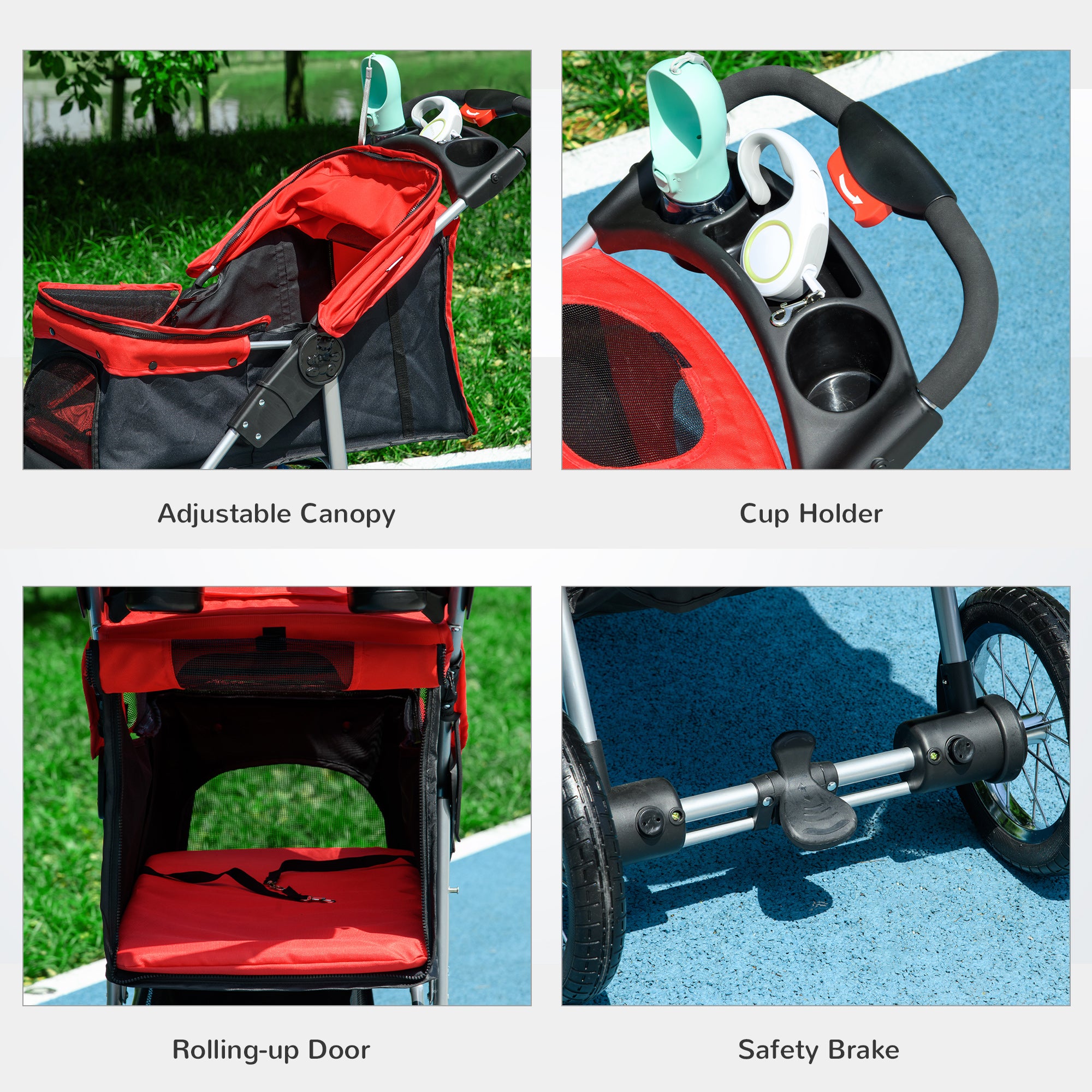 PawHut Luxury Pet Stroller Lightweight Dog Cat Travel Carriage with 3-Rubber Wheels, One-click Folding Design, Adjustable Canopy, Zippered Mesh Window Door, Red