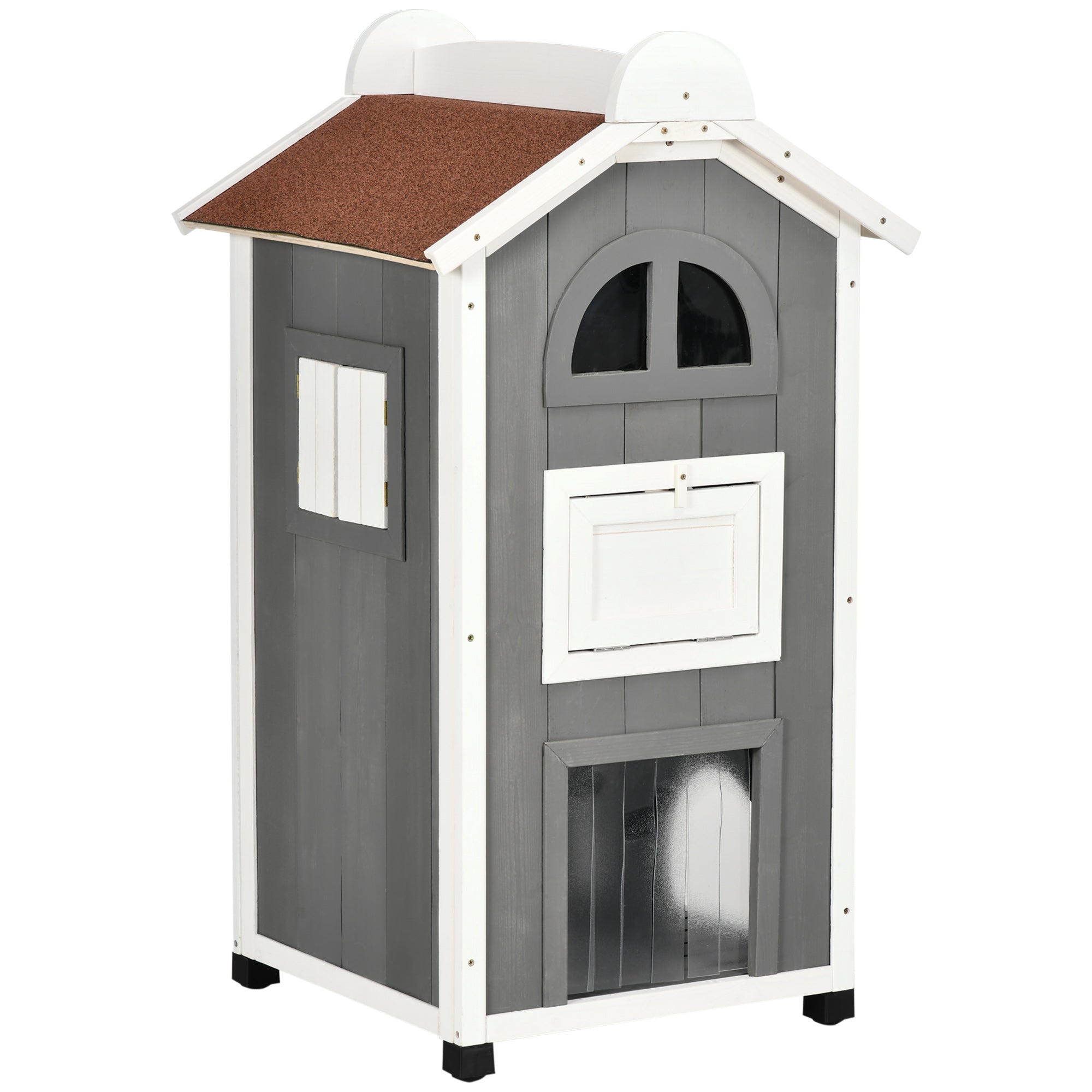 PawHut 43"H Wooden Cat House Outdoor with Hammock, Weatherproof 3-Floor Feral Cat Shelter with Escape Doors, Asphalt Roof, Inside Ladders, Gray