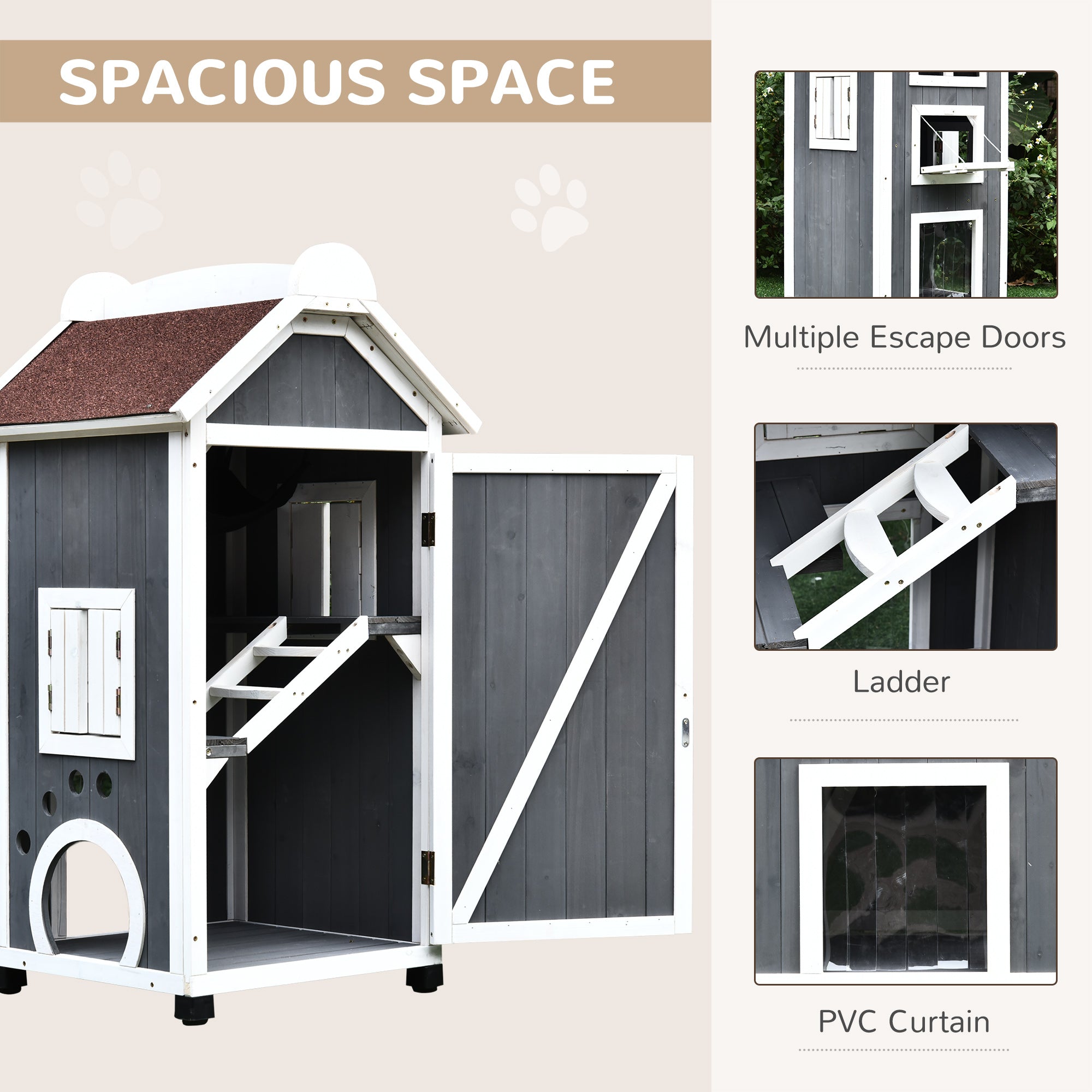 PawHut 43"H Wooden Cat House Outdoor with Hammock, Weatherproof 3-Floor Feral Cat Shelter with Escape Doors, Asphalt Roof, Inside Ladders, Gray