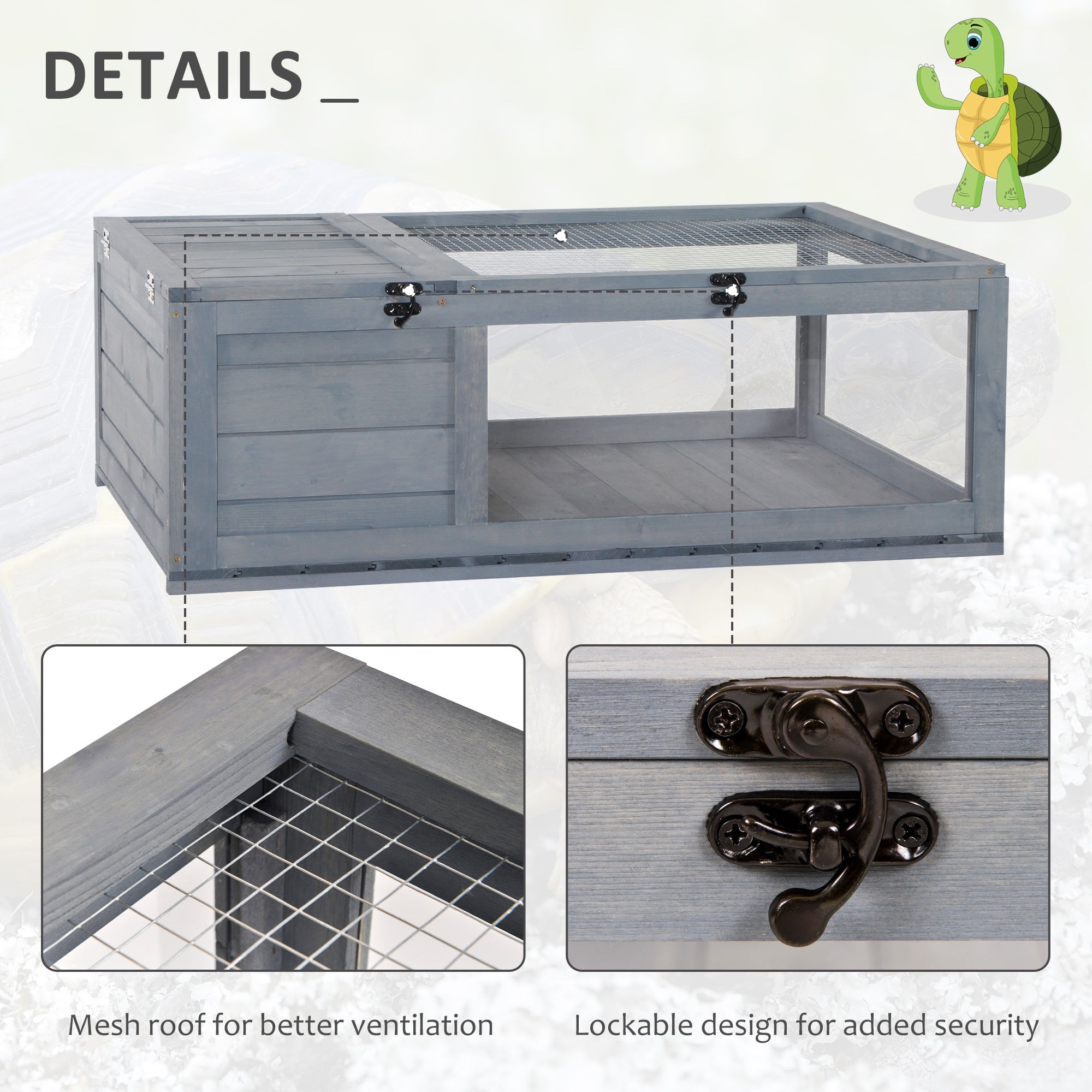 PawHut Tortoise House with Mesh Roof, Small Reptile Wooden House, Tortoise Enclosure with Removable Side Panel, for Indoor - Grey