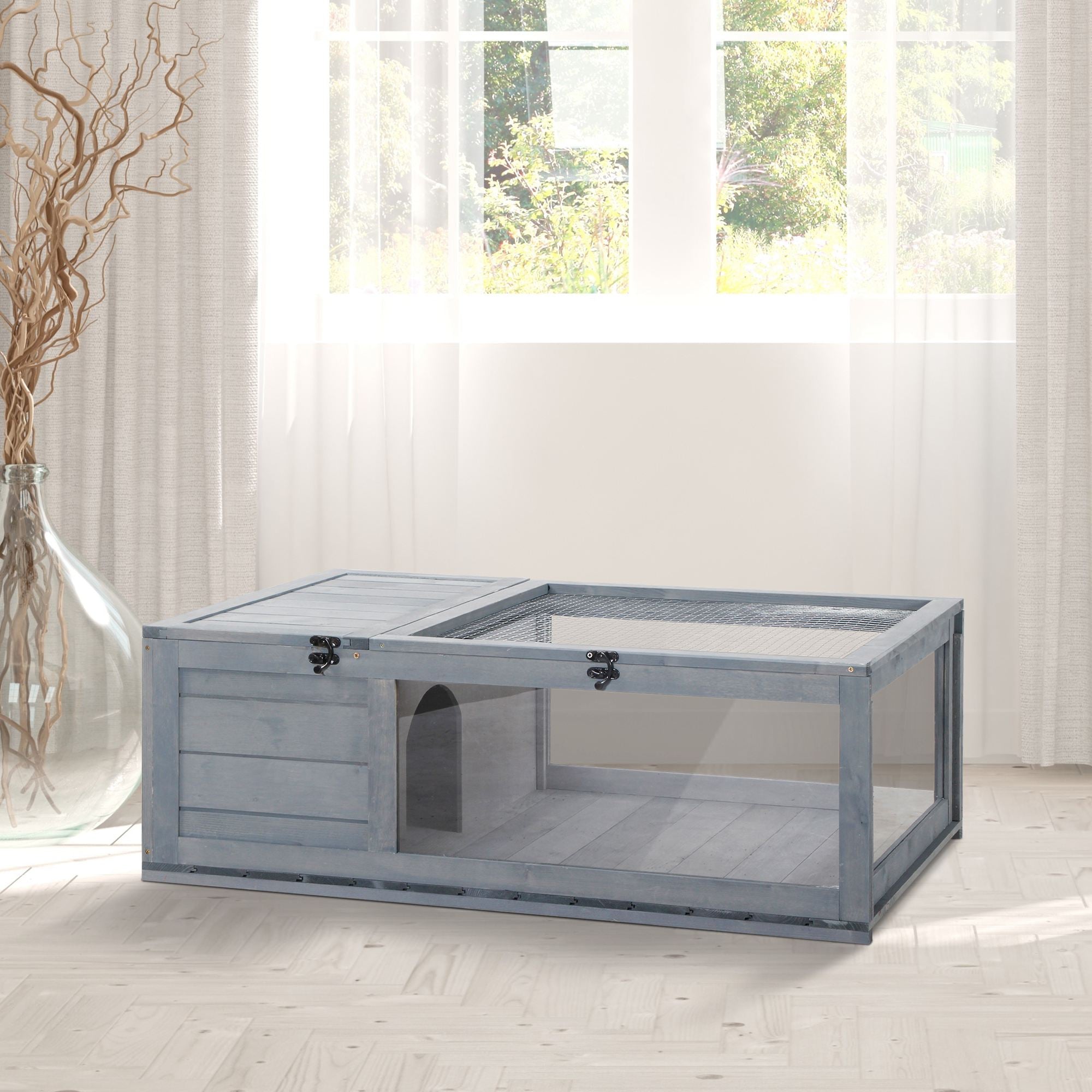 Pawhut Wood Tortoise House Indoor Outdoor Turtle Habitat Reptile Cage for Lizards, Geckos, 35.8" x 23.8" x 12.6", Grey