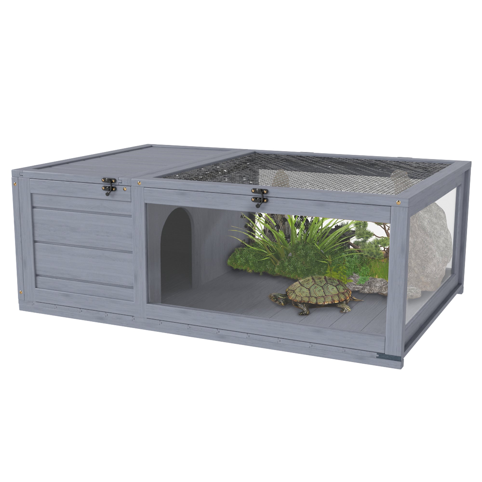 Pawhut Wood Tortoise House Indoor Outdoor Turtle Habitat Reptile Cage for Lizards, Geckos, 35.8" x 23.8" x 12.6", Grey