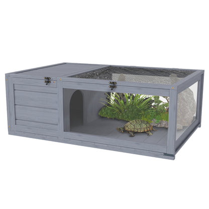 Pawhut Wood Tortoise House Indoor Outdoor Turtle Habitat Reptile Cage for Lizards, Geckos, 35.8" x 23.8" x 12.6", Grey
