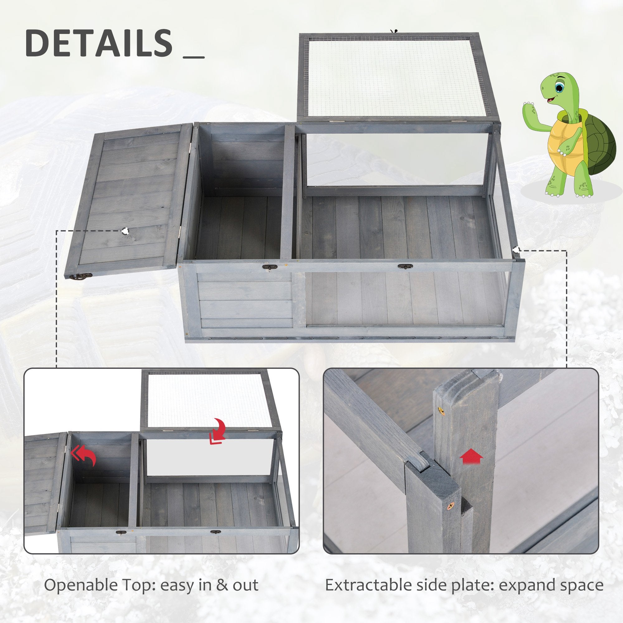 PawHut Tortoise House with Mesh Roof, Small Reptile Wooden House, Tortoise Enclosure with Removable Side Panel, for Indoor - Grey