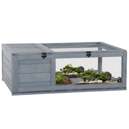 PawHut Tortoise House with Mesh Roof, Small Reptile Wooden House, Tortoise Enclosure with Removable Side Panel, for Indoor - Grey
