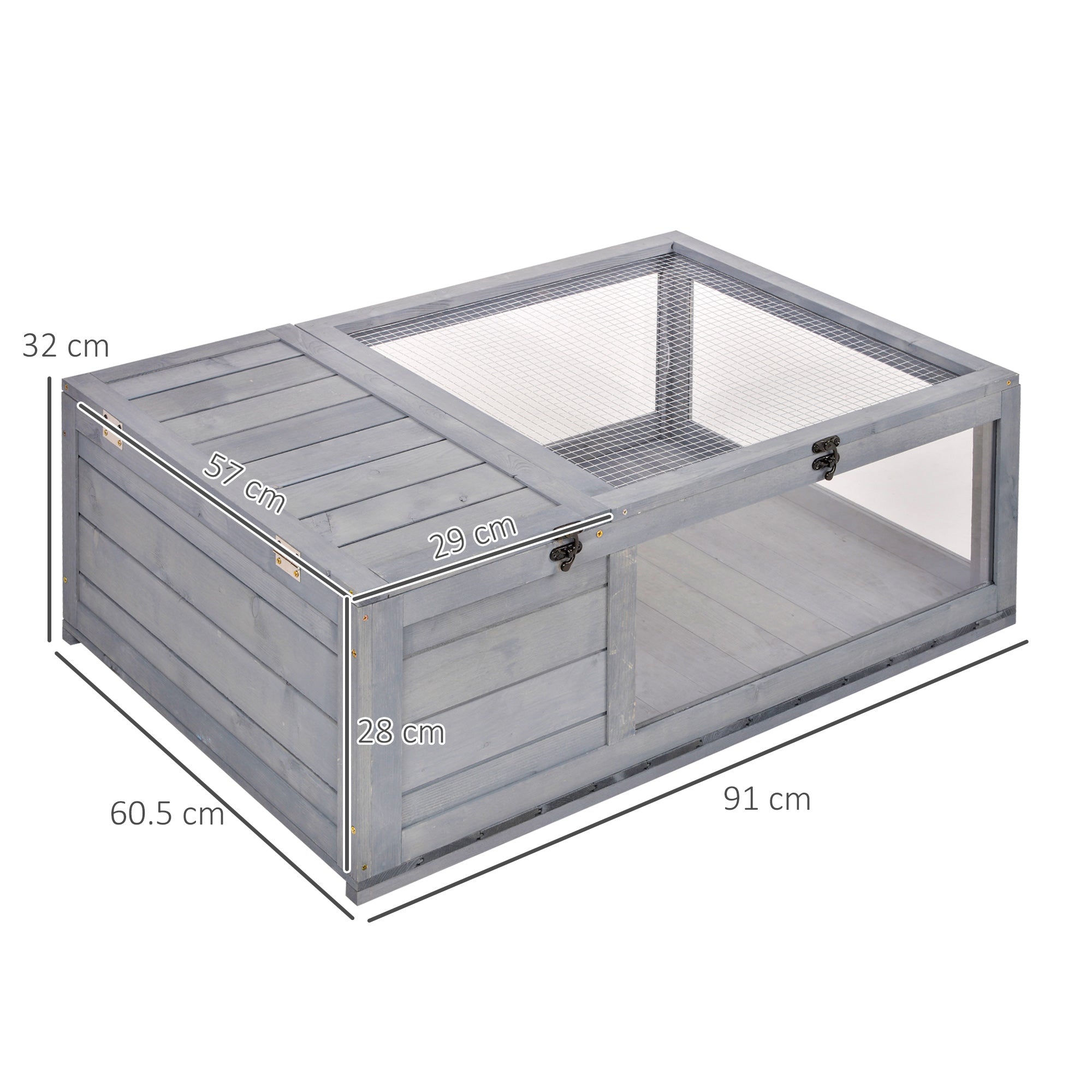 PawHut Tortoise House with Mesh Roof, Small Reptile Wooden House, Tortoise Enclosure with Removable Side Panel, for Indoor - Grey