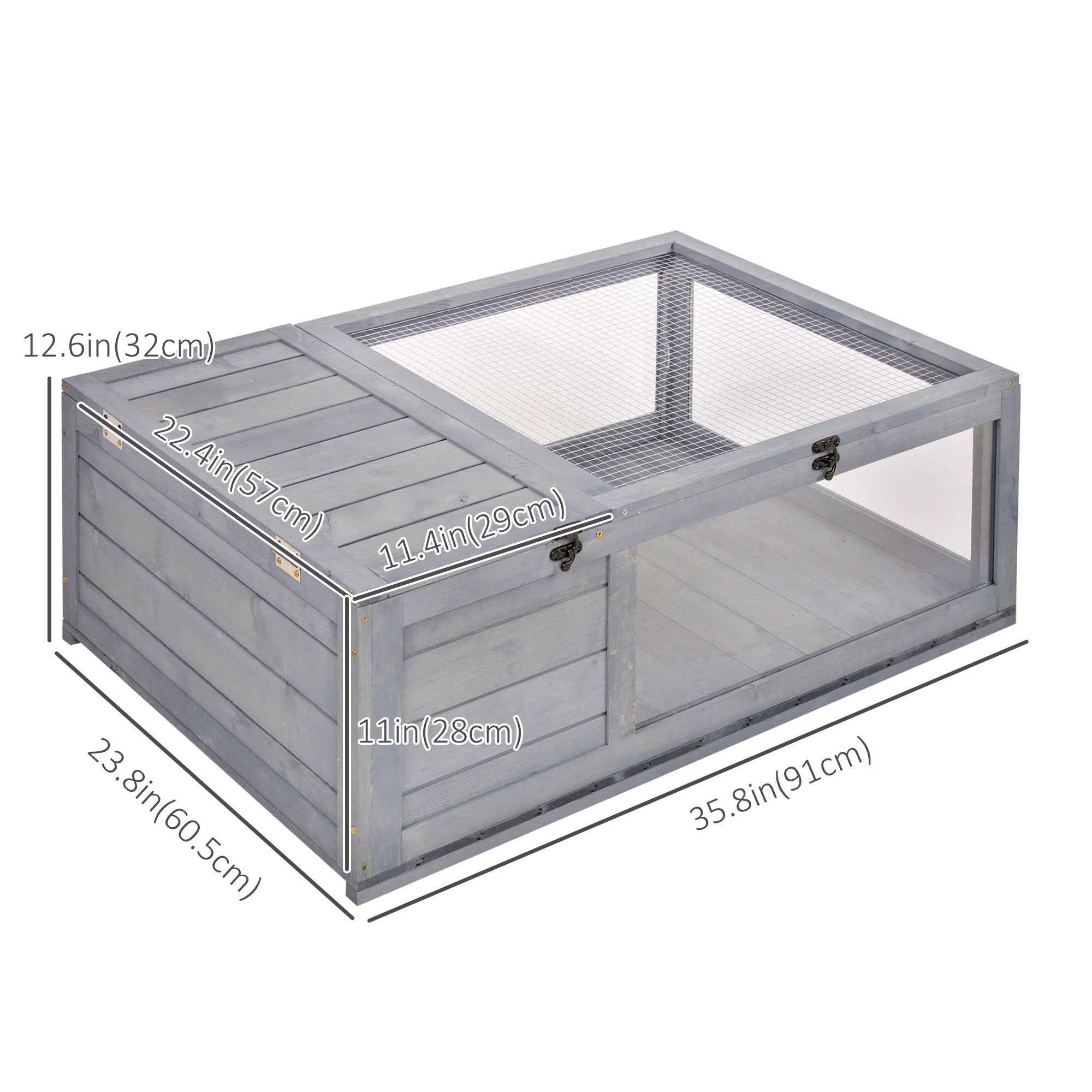 Pawhut Wood Tortoise House Indoor Outdoor Turtle Habitat Reptile Cage for Lizards, Geckos, 35.8" x 23.8" x 12.6", Grey