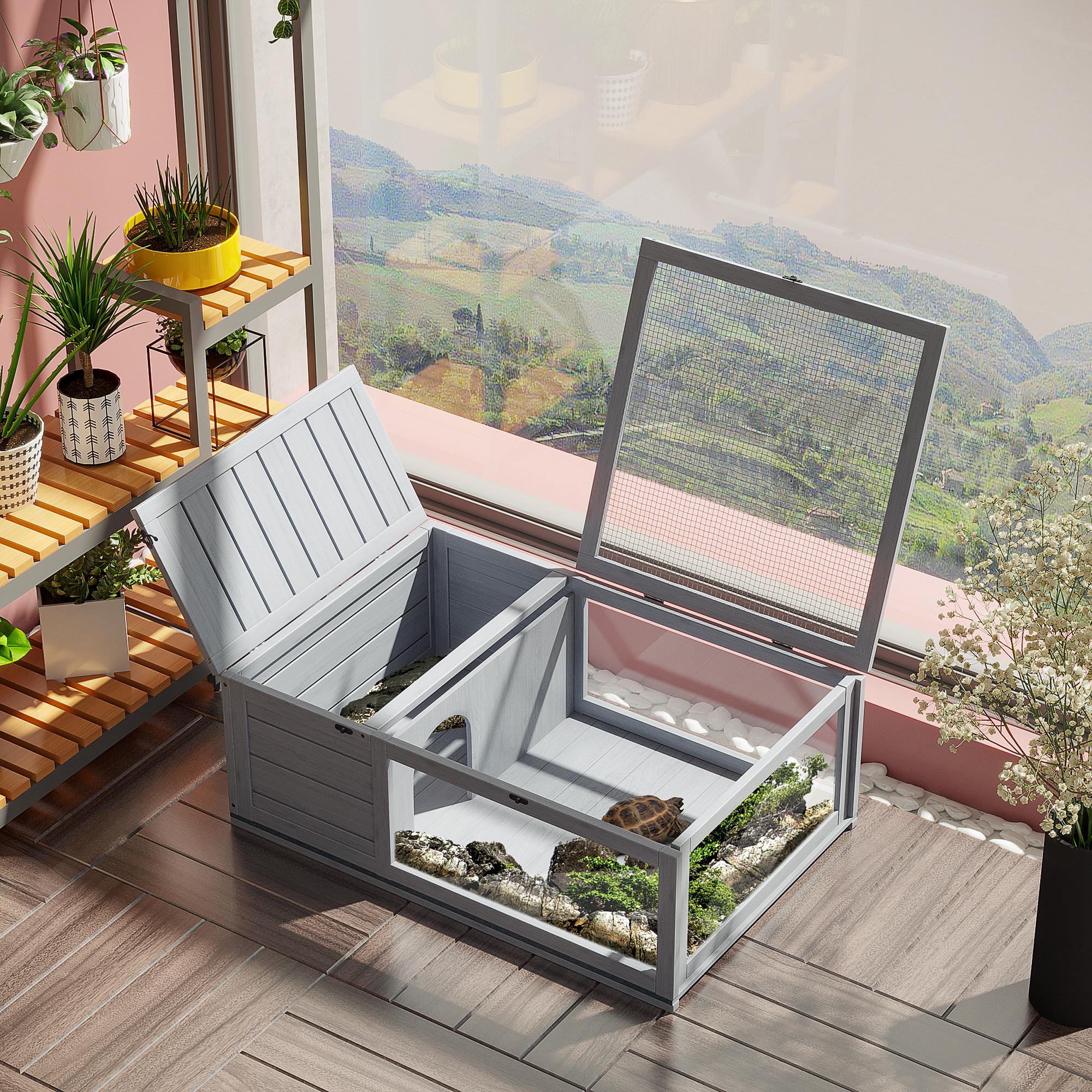 PawHut Tortoise House with Mesh Roof, Small Reptile Wooden House, Tortoise Enclosure with Removable Side Panel, for Indoor - Grey