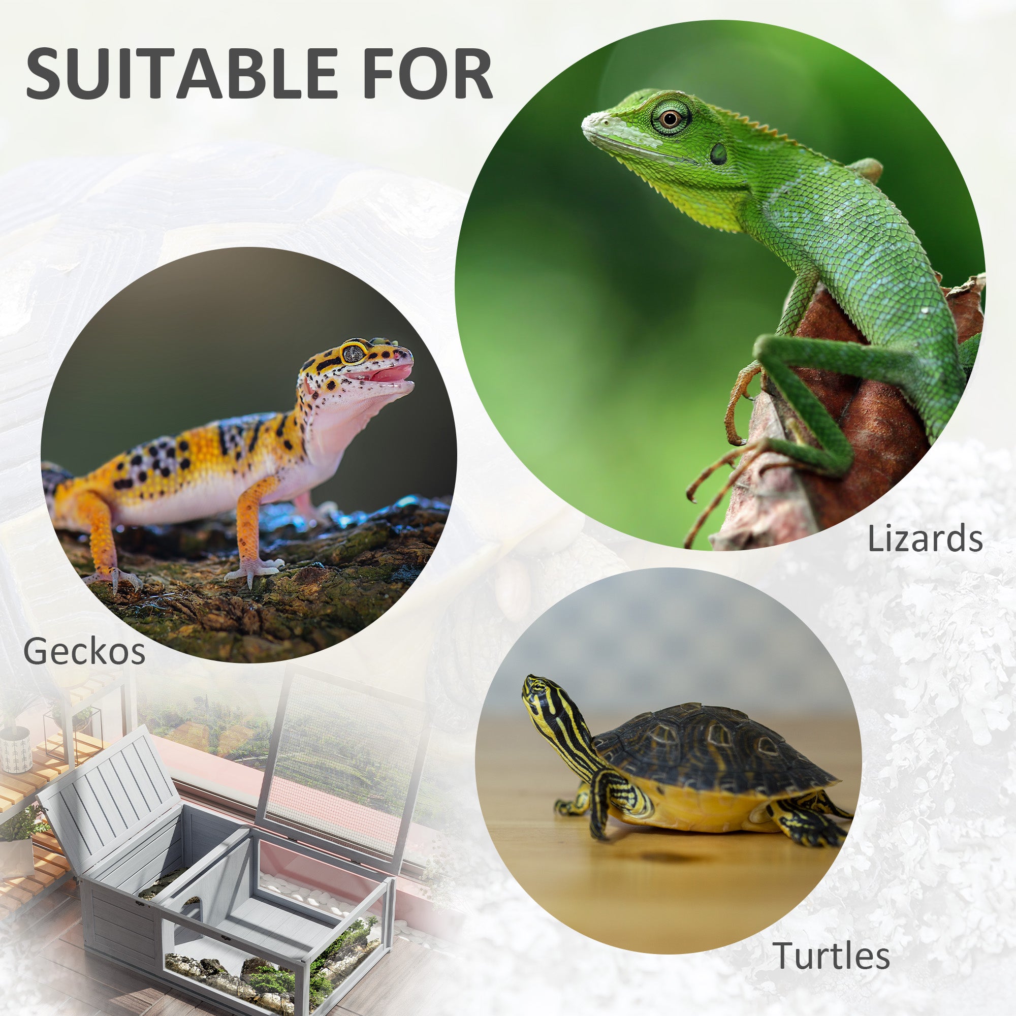 Pawhut Wood Tortoise House Indoor Outdoor Turtle Habitat Reptile Cage for Lizards, Geckos, 35.8" x 23.8" x 12.6", Grey