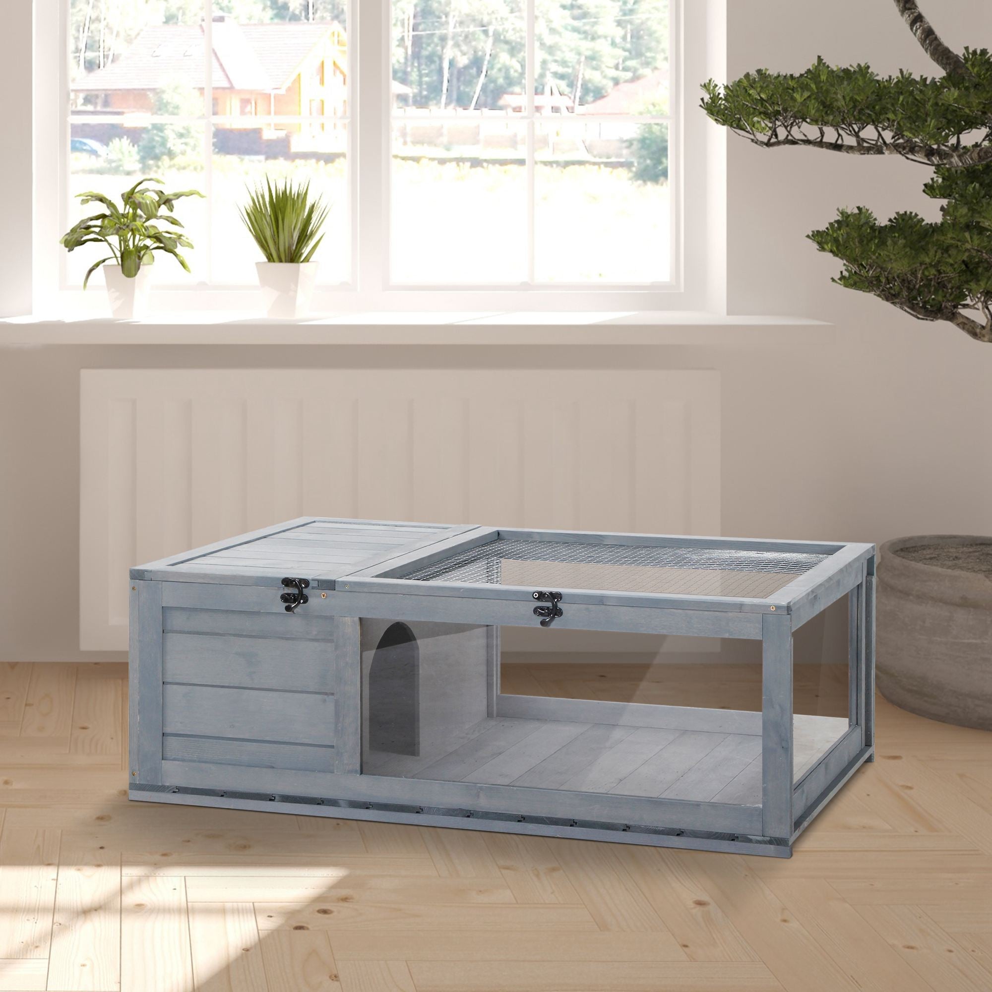 Pawhut Wood Tortoise House Indoor Outdoor Turtle Habitat Reptile Cage for Lizards, Geckos, 35.8" x 23.8" x 12.6", Grey