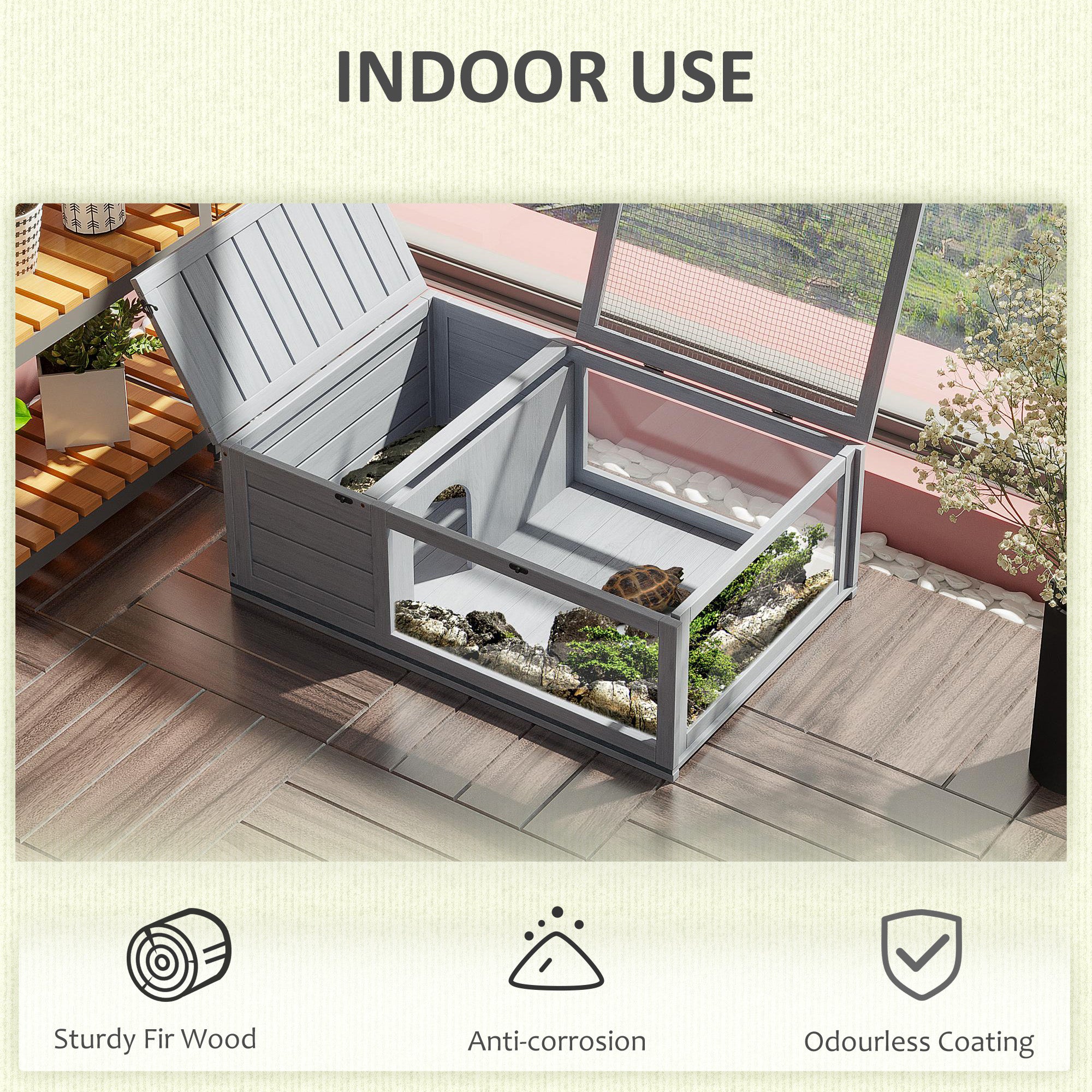 PawHut Tortoise House with Mesh Roof, Small Reptile Wooden House, Tortoise Enclosure with Removable Side Panel, for Indoor - Grey