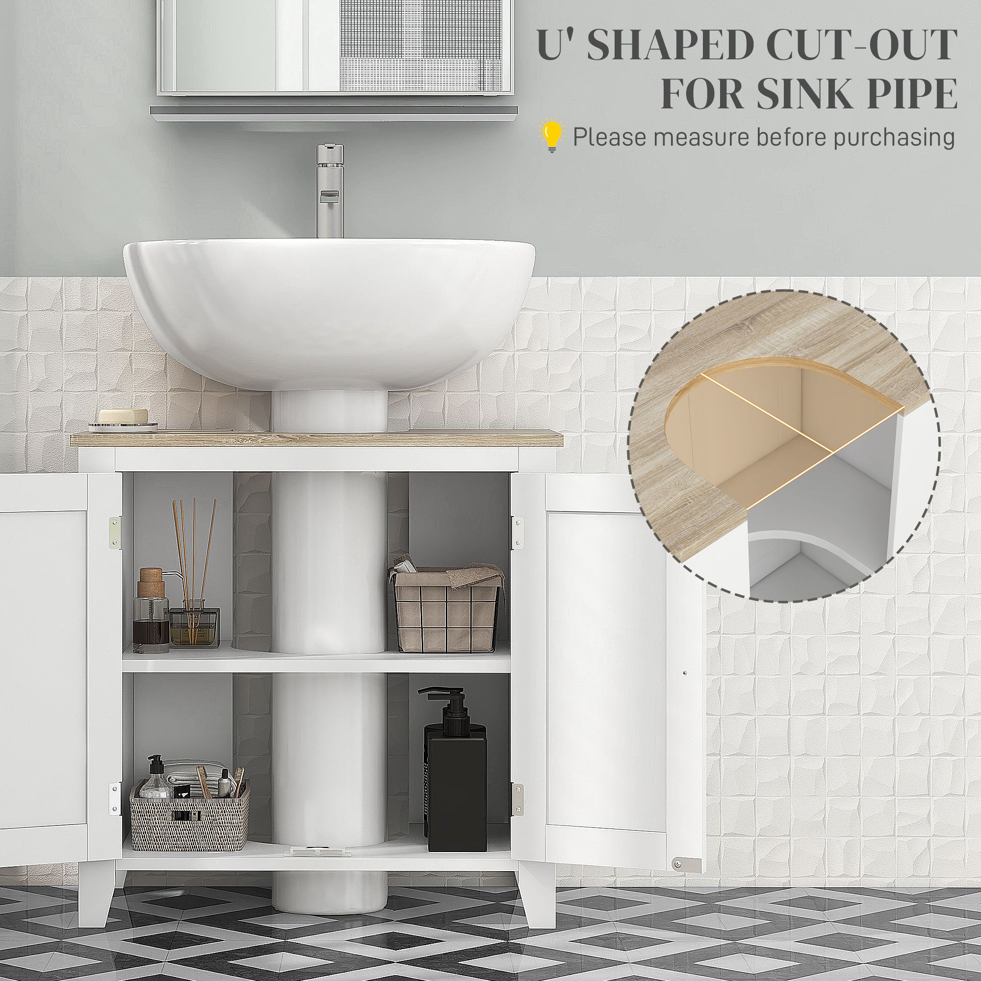 kleankin Bathroom Vanity, Floor Standing Bathroom Vanity Cabinet, Pedestal Sink Storage Cabinet with Adjustable Shelf, Double Doors, White and Natural