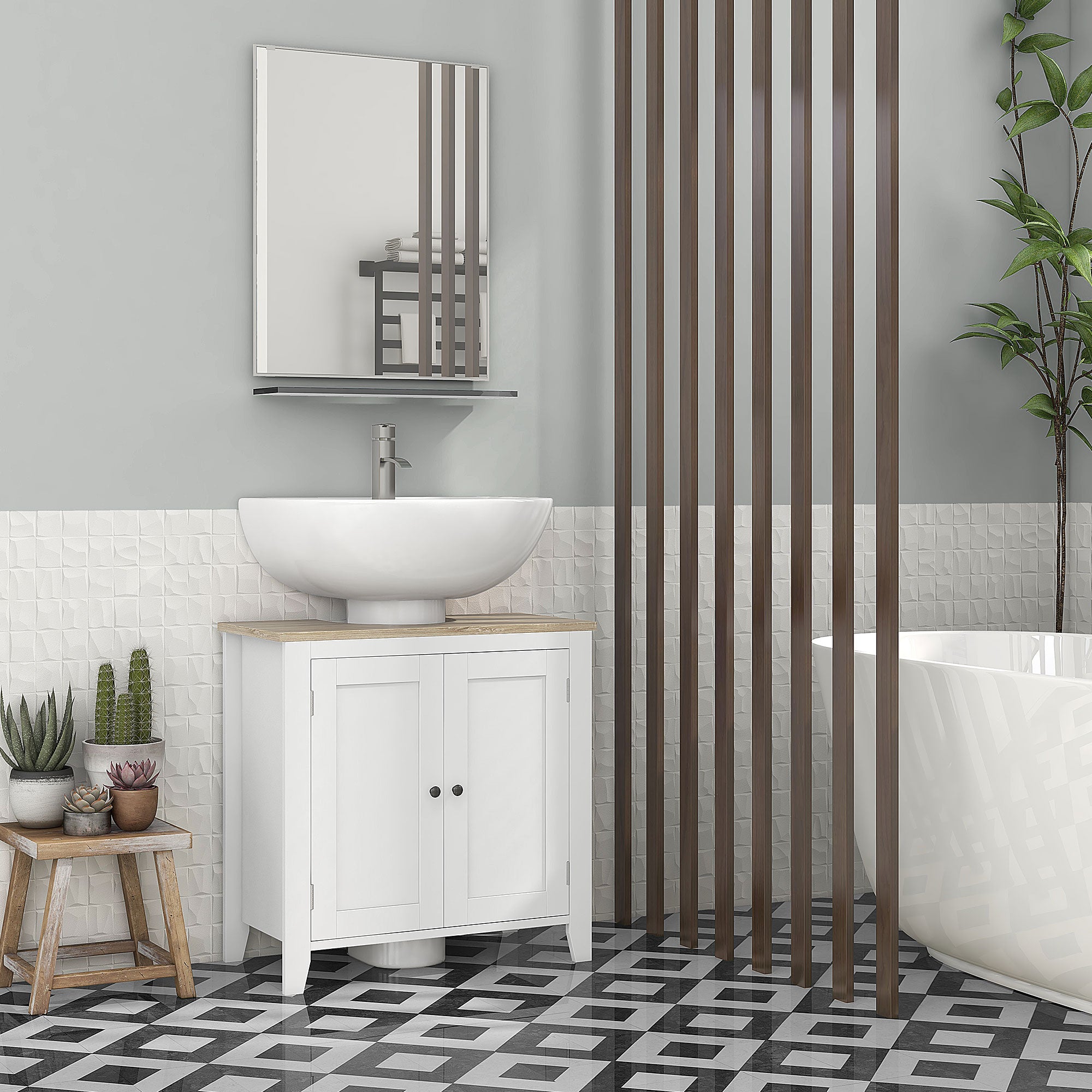 kleankin Bathroom Vanity, Floor Standing Bathroom Vanity Cabinet, Pedestal Sink Storage Cabinet with Adjustable Shelf, Double Doors, White and Natural