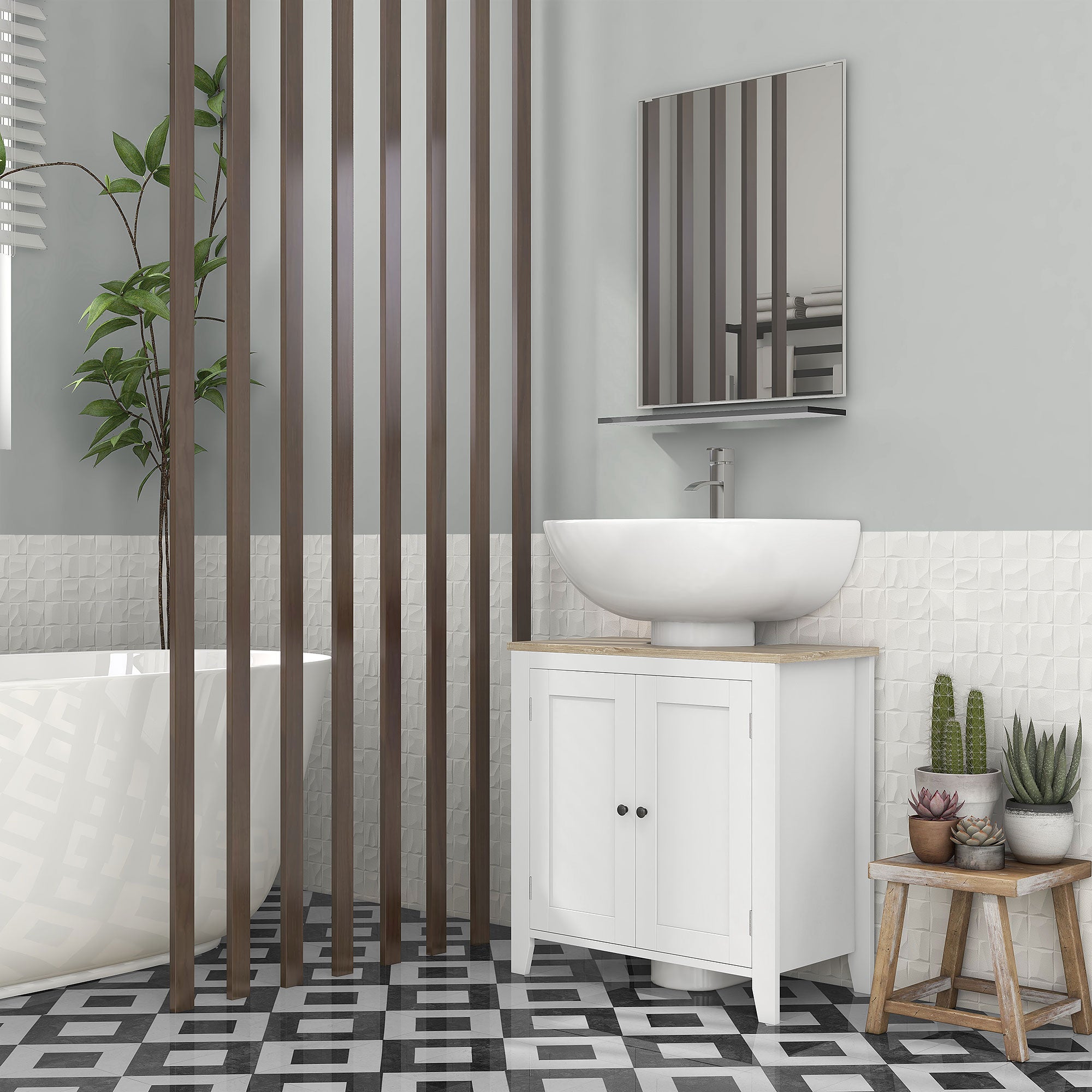 kleankin Bathroom Vanity, Floor Standing Bathroom Vanity Cabinet, Pedestal Sink Storage Cabinet with Adjustable Shelf, Double Doors, White and Natural