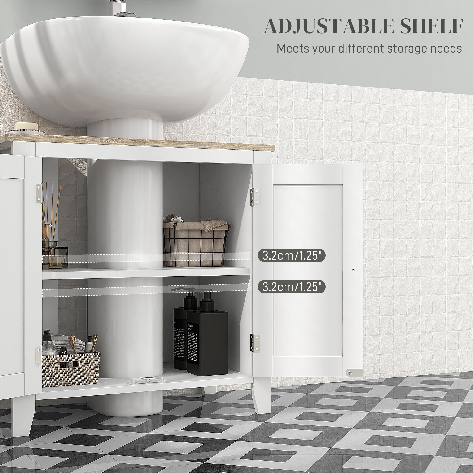 kleankin Bathroom Vanity, Floor Standing Bathroom Vanity Cabinet, Pedestal Sink Storage Cabinet with Adjustable Shelf, Double Doors, White and Natural