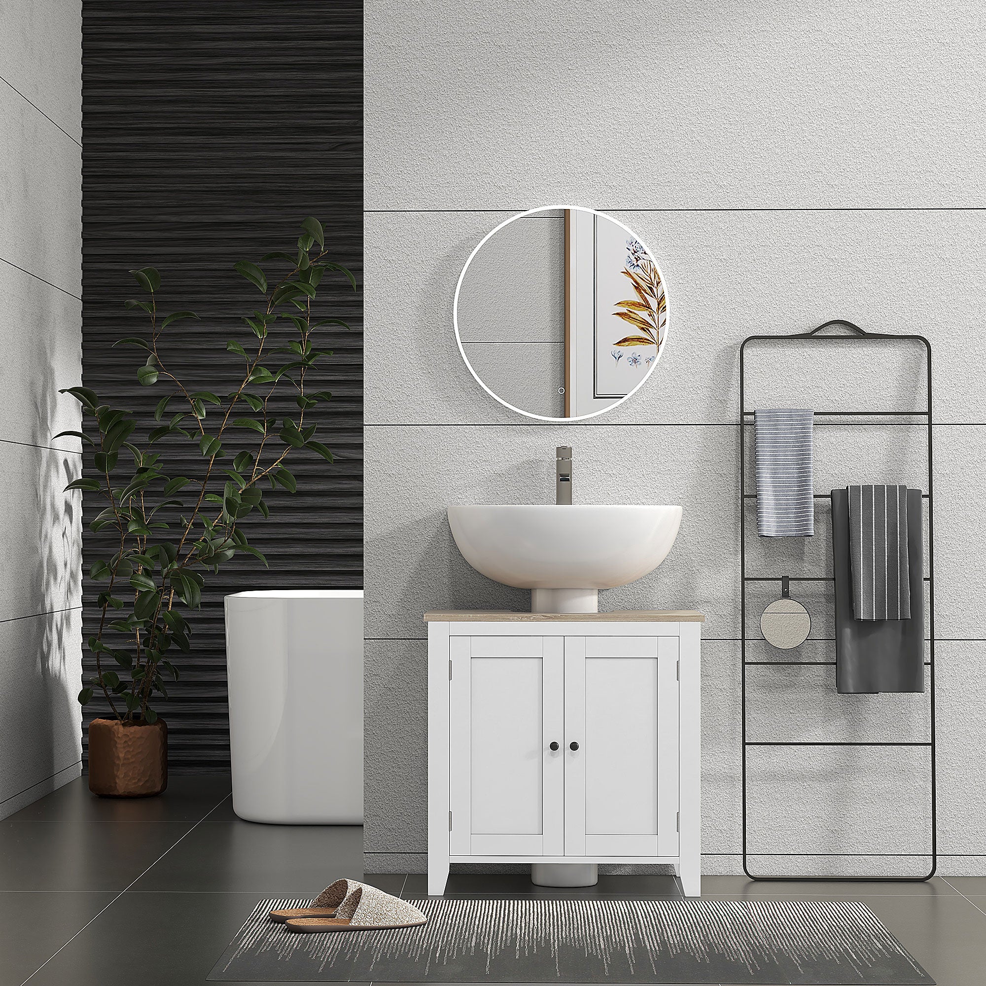 kleankin Bathroom Vanity, Floor Standing Bathroom Vanity Cabinet, Pedestal Sink Storage Cabinet with Adjustable Shelf, Double Doors, White and Natural