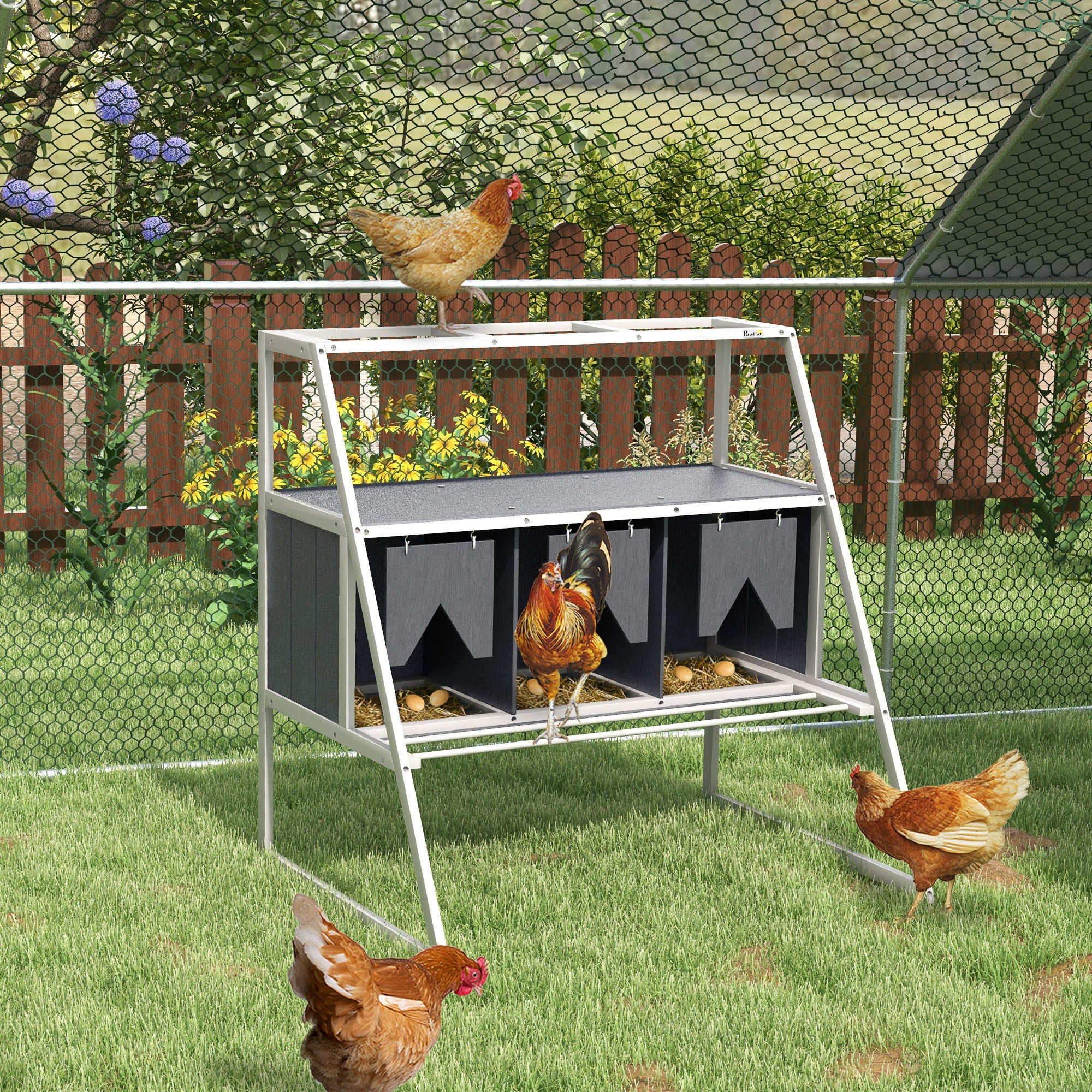 PawHut Chicken Nesting Box, 3 Compartments Wooden Nesting Boxes Hen Laying Egg House with Privacy Curtains, Standing Perches, Up to 6-12 Hens