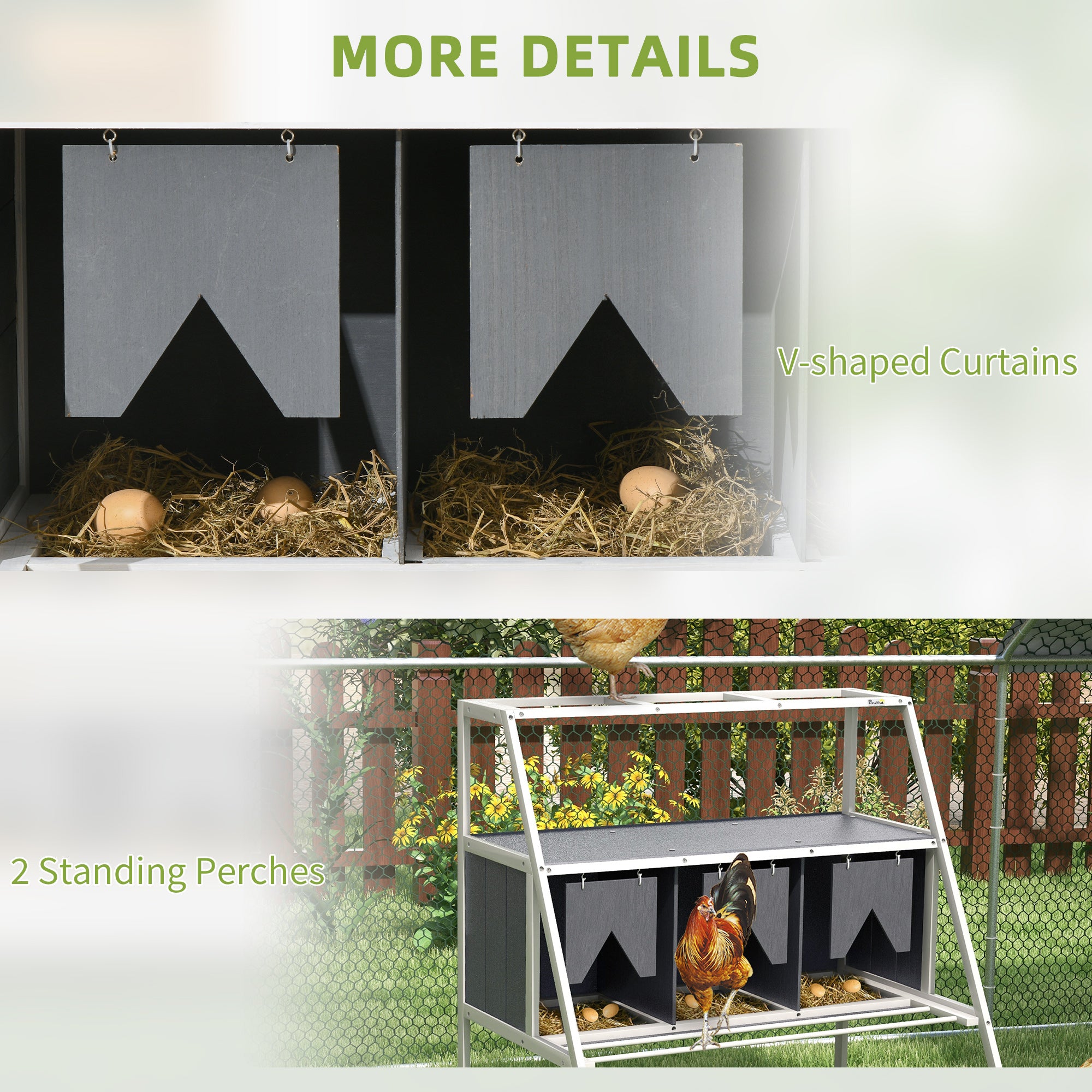 PawHut Chicken Nesting Box, 3 Compartments Wooden Nesting Boxes Hen Laying Egg House with Privacy Curtains, Standing Perches, Up to 6-12 Hens