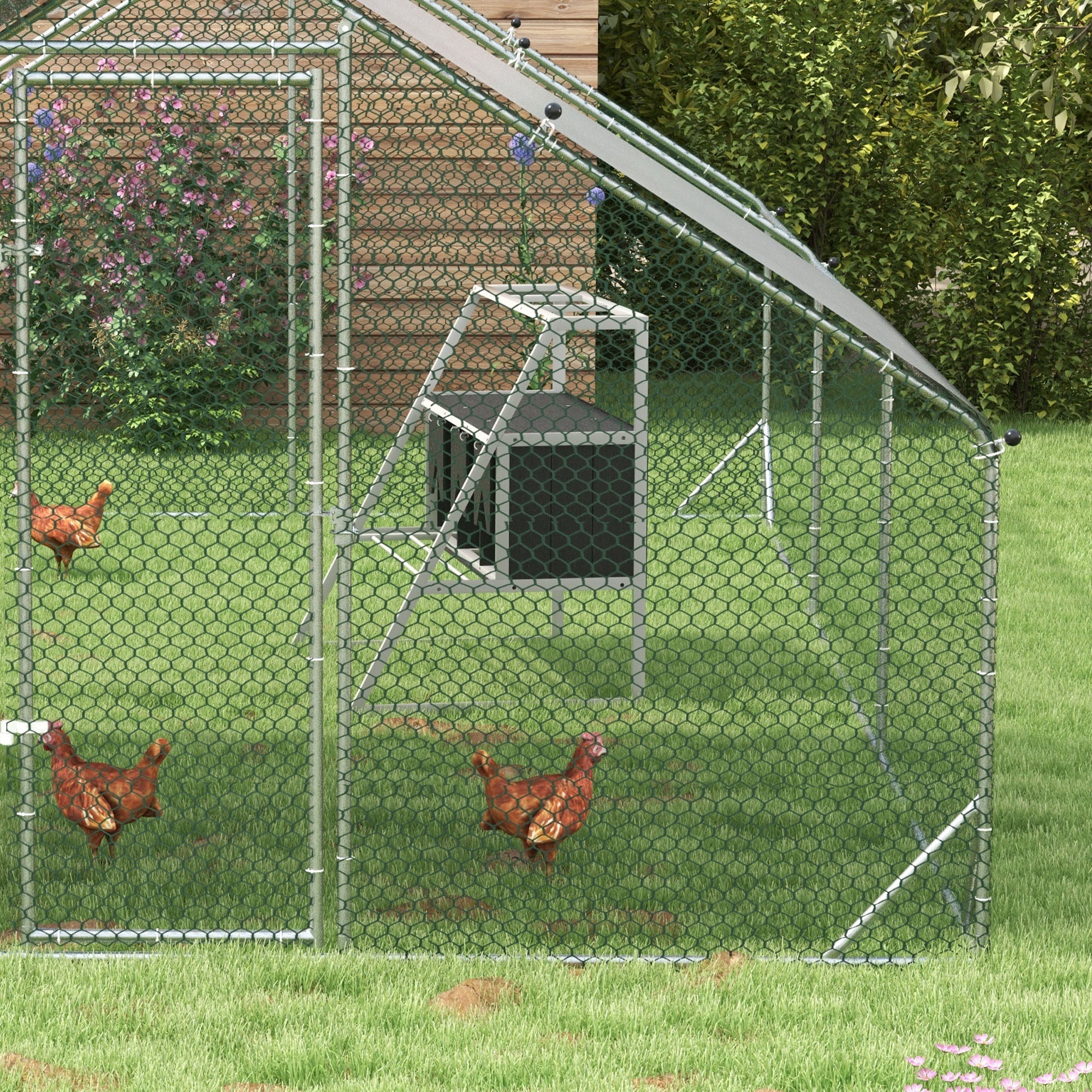 PawHut Chicken Nesting Box, 3 Compartments Wooden Nesting Boxes Hen Laying Egg House with Privacy Curtains, Standing Perches, Up to 6-12 Hens