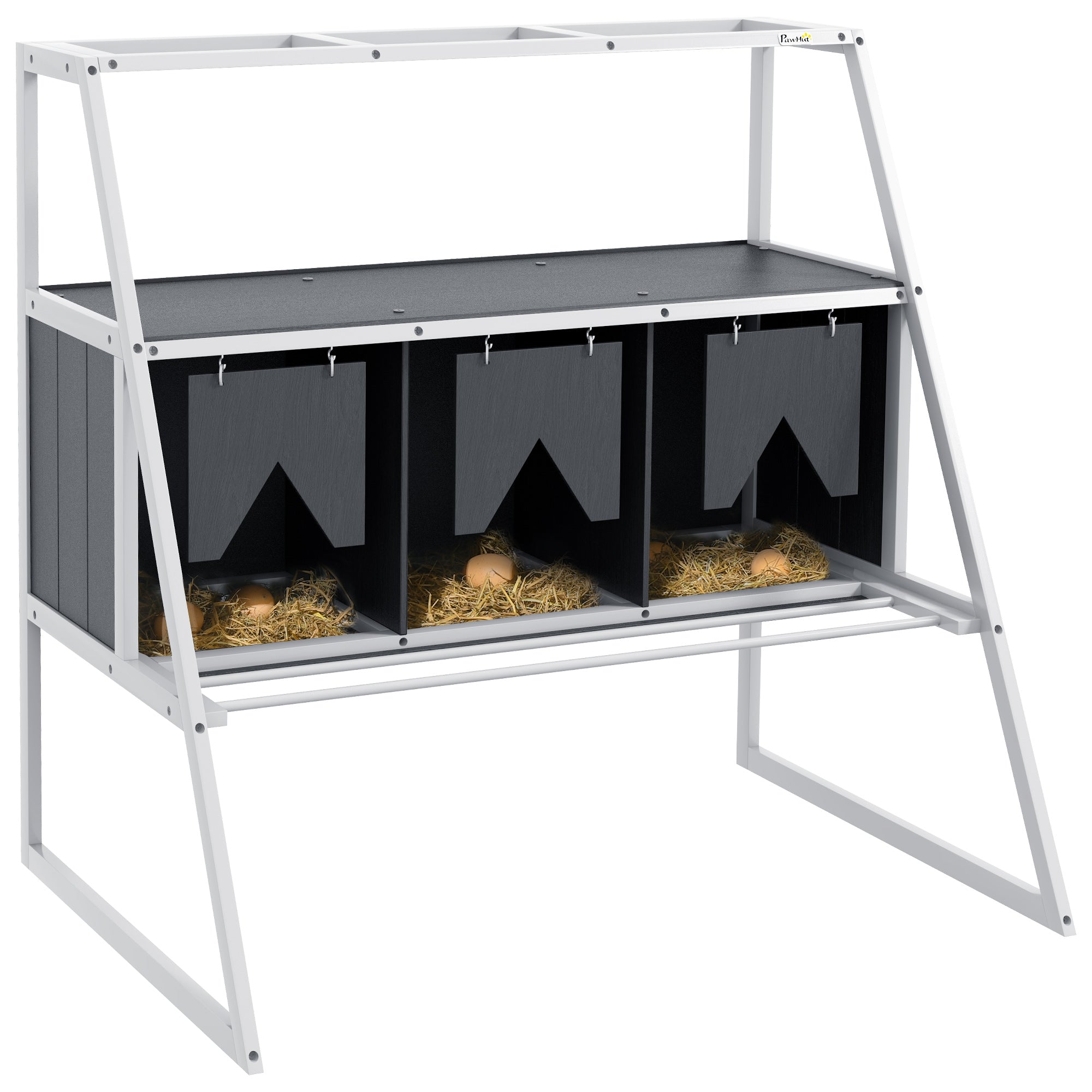 PawHut Chicken Nesting Box, 3 Compartments Wooden Nesting Boxes Hen Laying Egg House with Privacy Curtains, Standing Perches, Up to 6-12 Hens