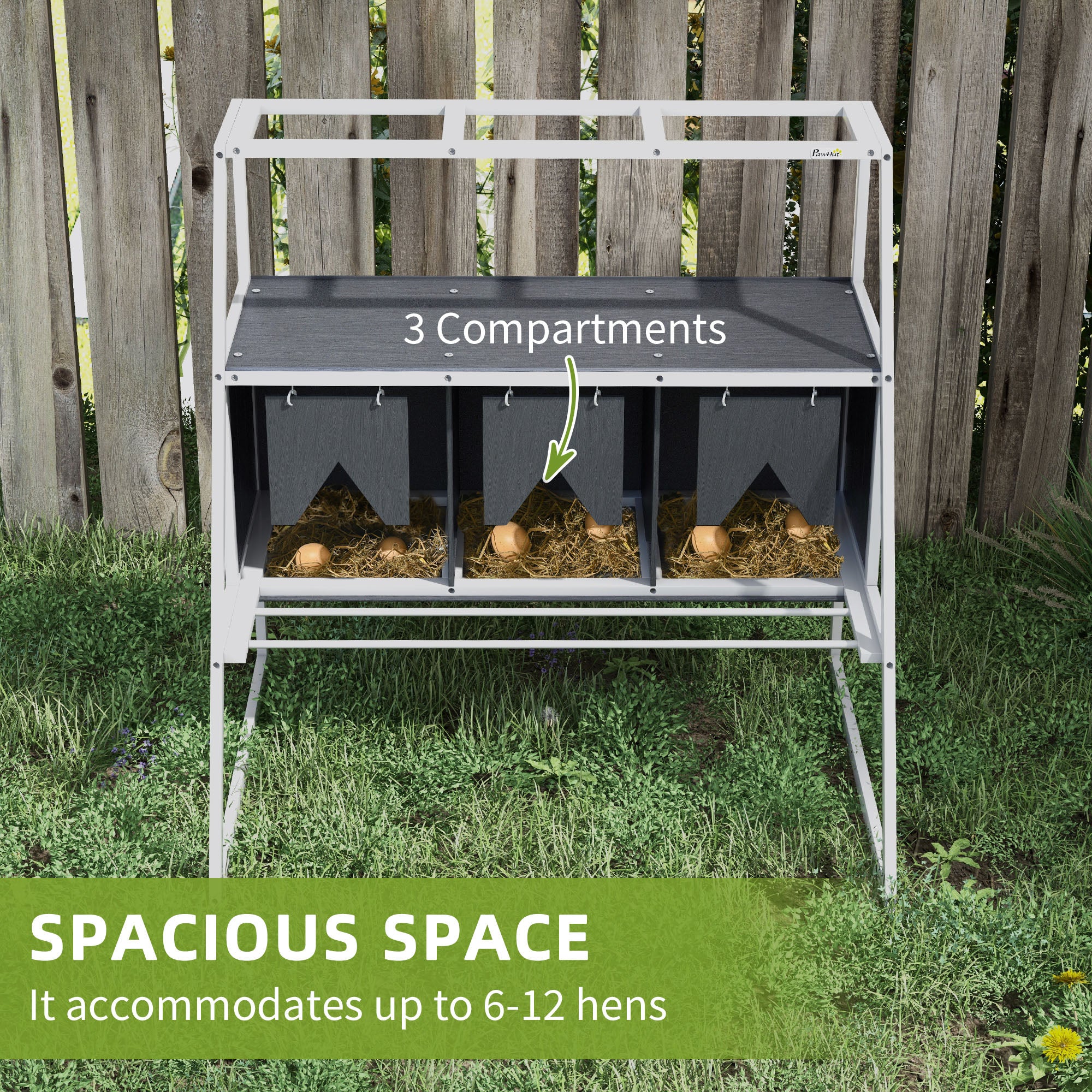 PawHut Chicken Nesting Box, 3 Compartments Wooden Nesting Boxes Hen Laying Egg House with Privacy Curtains, Standing Perches, Up to 6-12 Hens