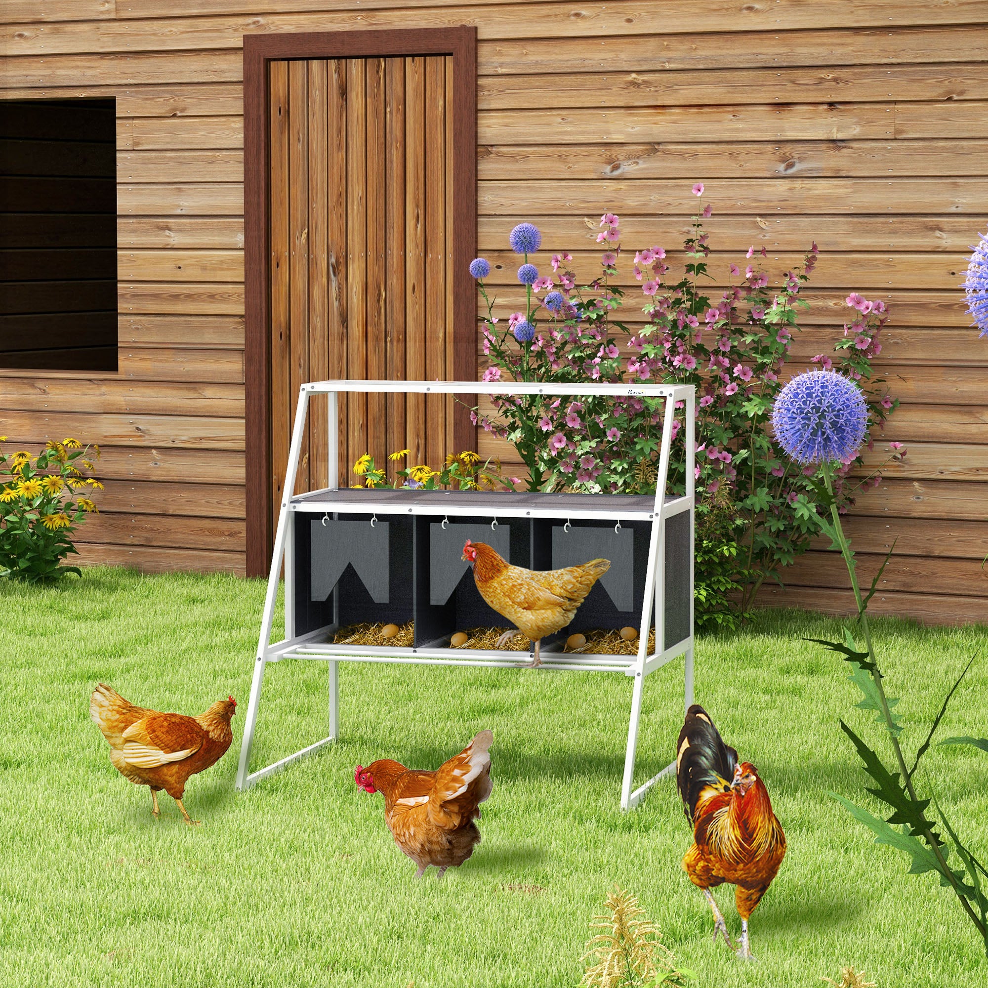 PawHut Chicken Nesting Box, 3 Compartments Wooden Nesting Boxes Hen Laying Egg House with Privacy Curtains, Standing Perches, Up to 6-12 Hens